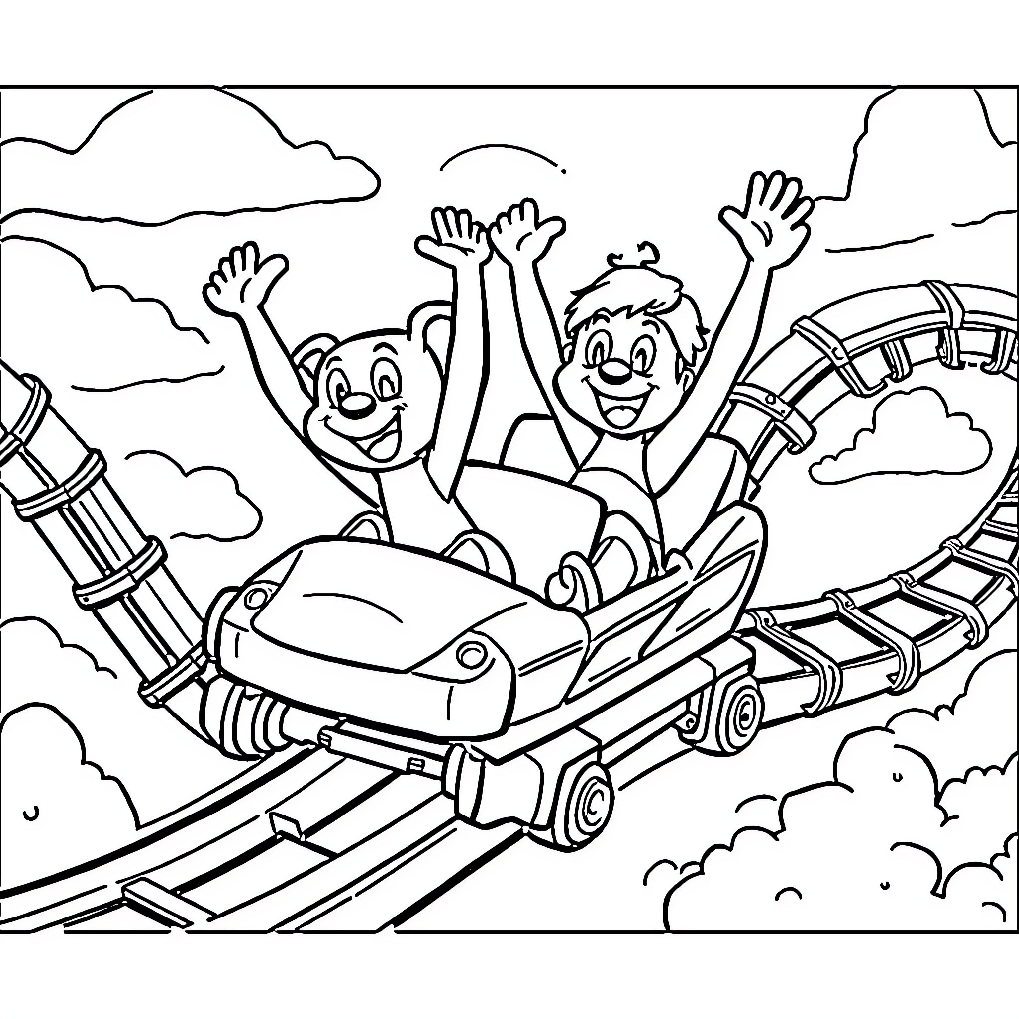 Bluey Riding Roller Coaster with Friends Coloring Page (free black-and-white line drawing printable PDF for all, from beginners to advanced learners, including children, teens, adults, and seniors)