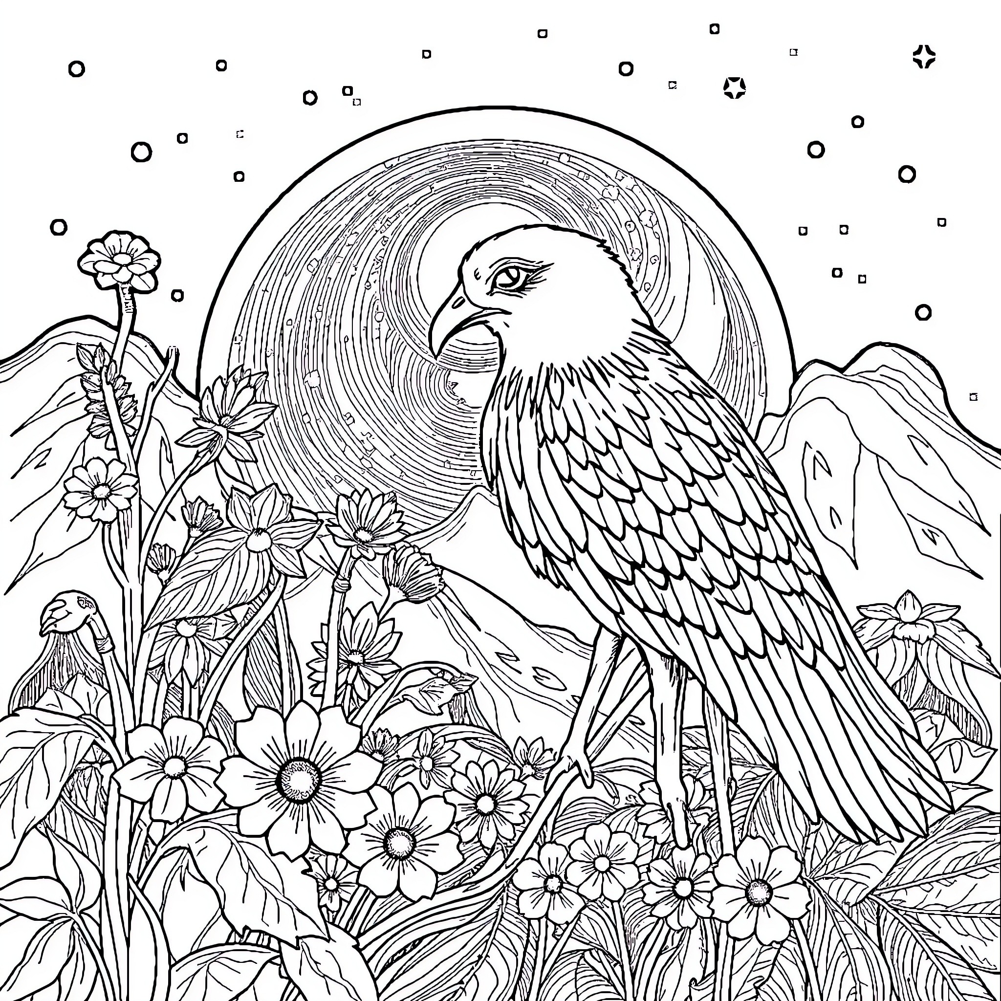Letter E: Elegant Eagle Amongst Enchanting Flowers Coloring Page (free black-and-white line drawing printable PDF for all, from beginners to advanced learners, including children, teens, adults, and seniors)