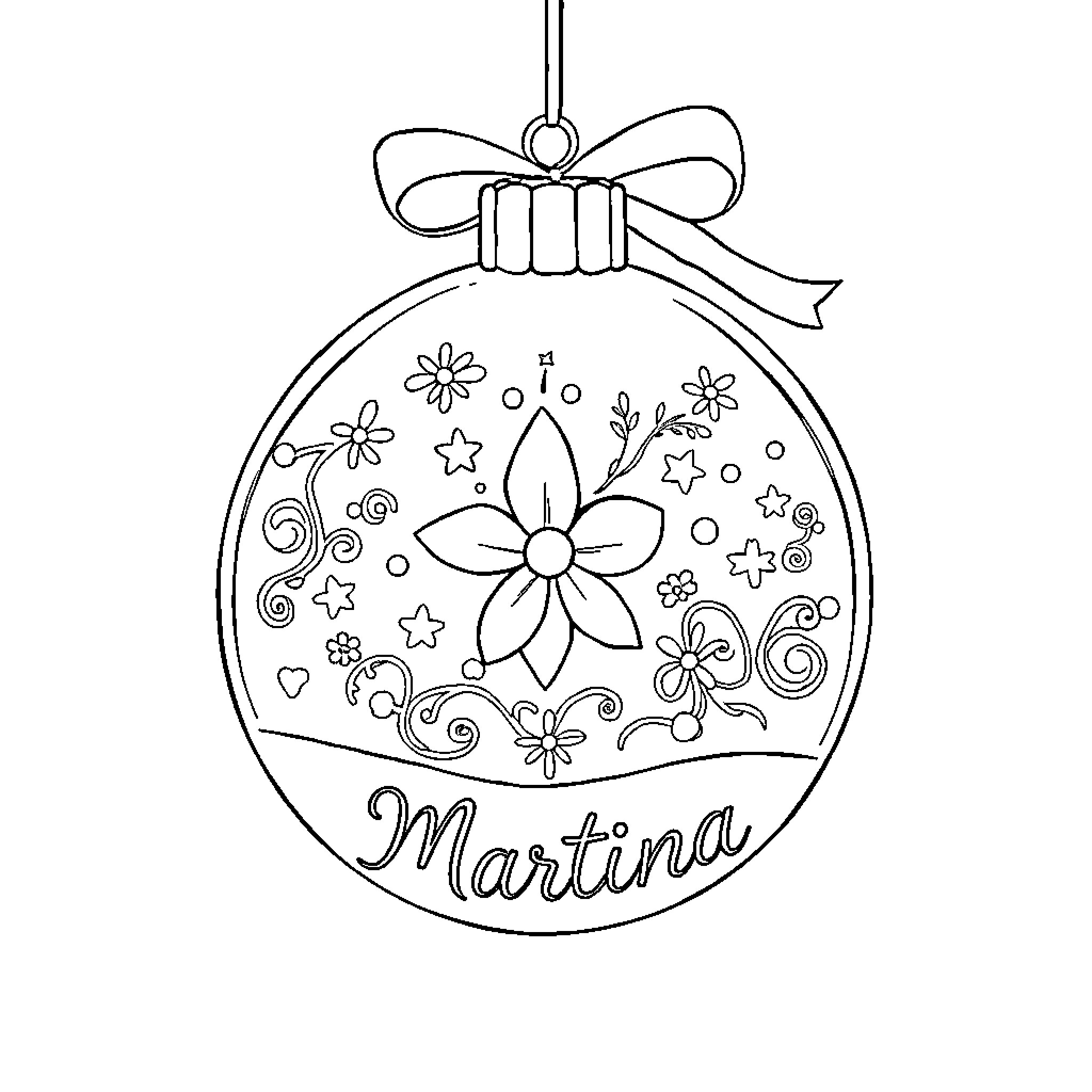 Bola Ornament with Floral Designs and Bow Coloring Page (free black-and-white line drawing printable PDF for all, from beginners to advanced learners, including children, teens, adults, and seniors)