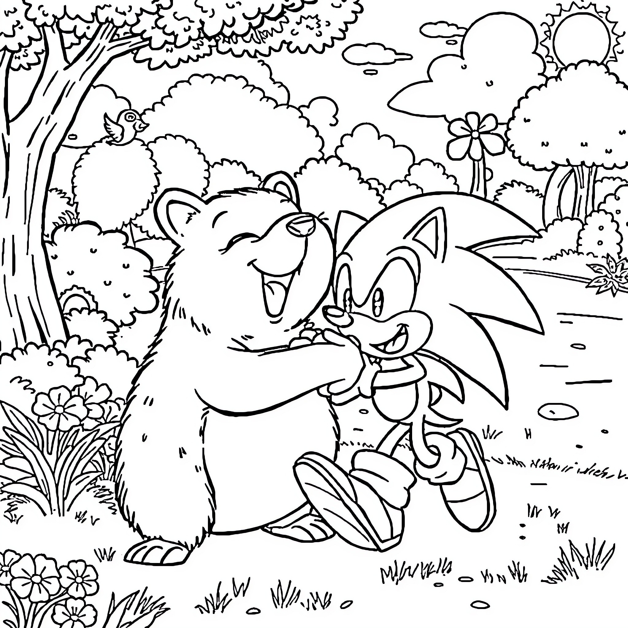 Capybara and Sonic embracing in the forest Coloring Page (free black-and-white line drawing printable PDF for all, from beginners to advanced learners, including children, teens, adults, and seniors)