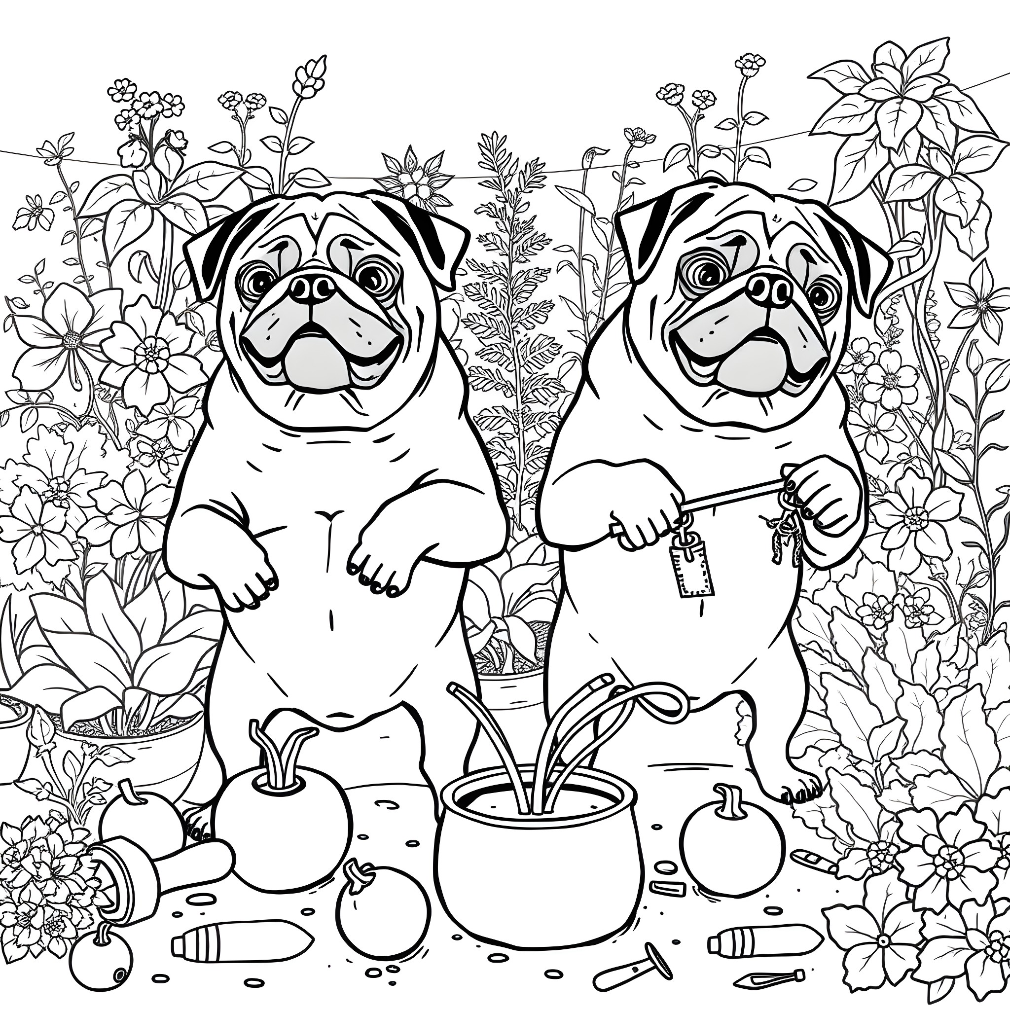Pugs gardening amid flowers and nature Coloring Page (free black-and-white line drawing printable PDF for all, from beginners to advanced learners, including children, teens, adults, and seniors)