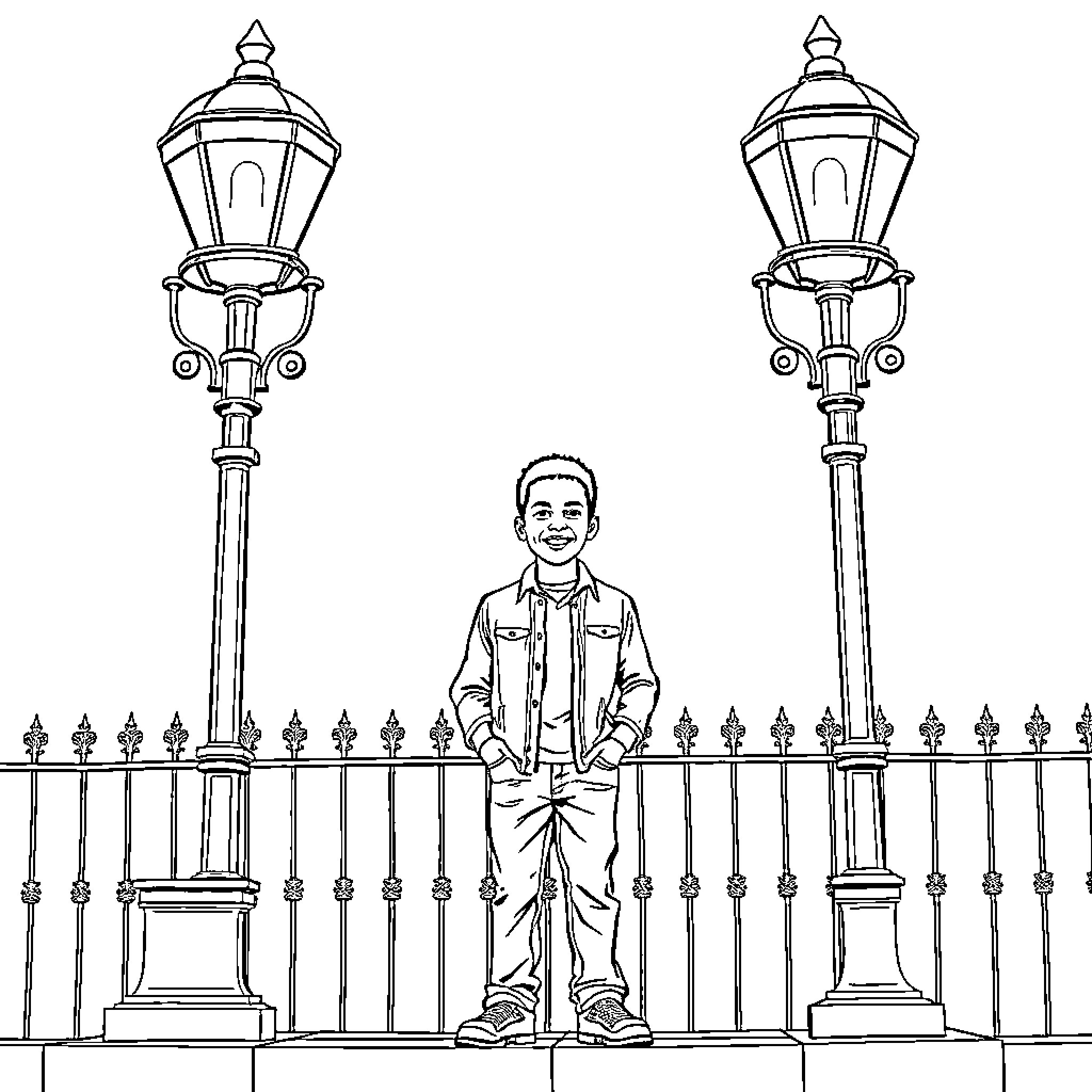 Son standing confidently between street lamps Coloring Page (free black-and-white line drawing printable PDF for all, from beginners to advanced learners, including children, teens, adults, and seniors)