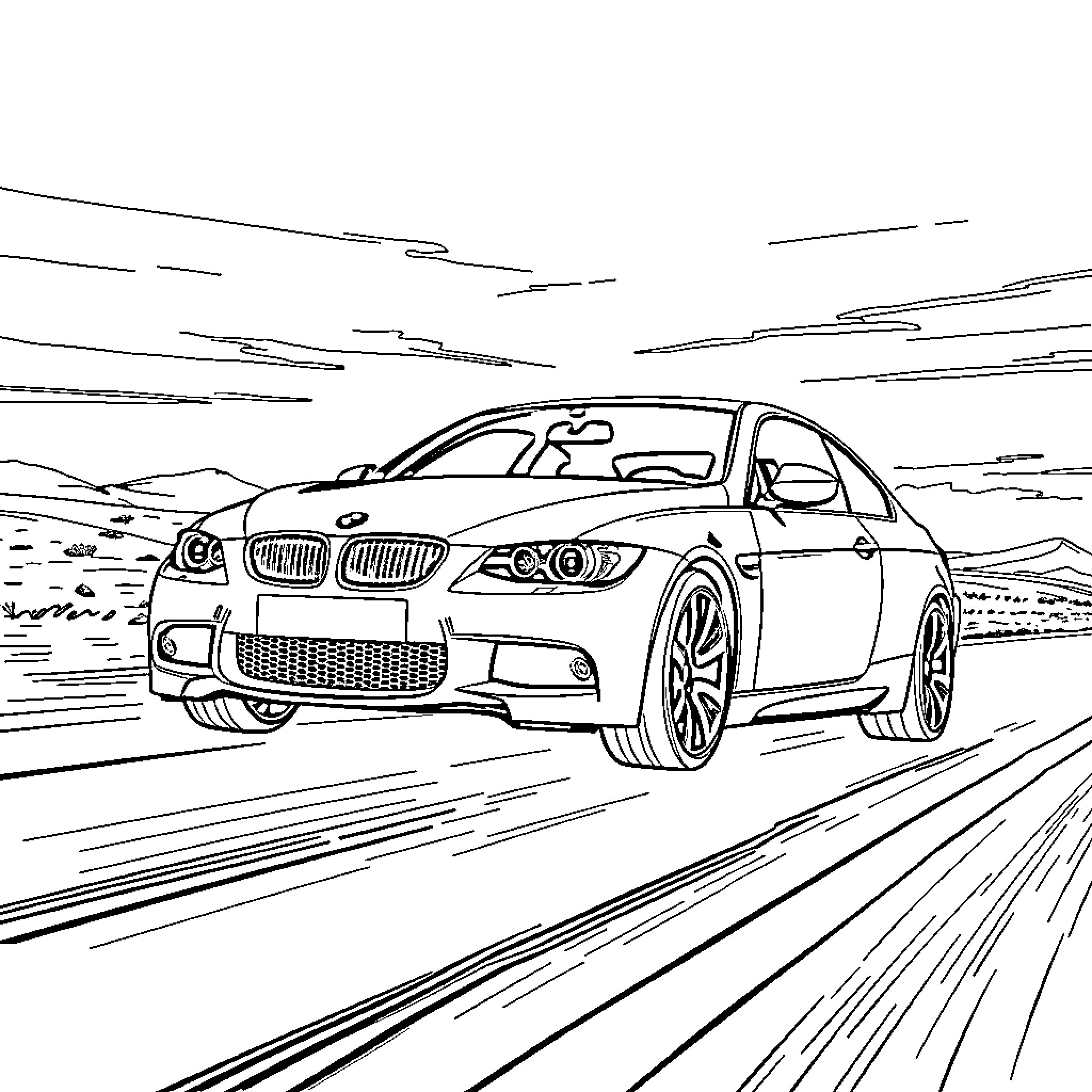 BMW sports car speeding down the road Coloring Page (free black-and-white line drawing printable PDF for all, from beginners to advanced learners, including children, teens, adults, and seniors)