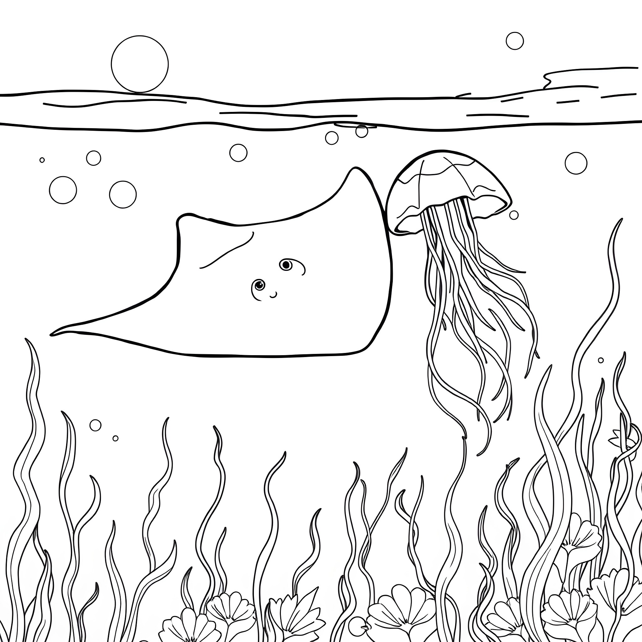 Stingray exploring the underwater world Coloring Page (free black-and-white line drawing printable PDF for all, from beginners to advanced learners, including children, teens, adults, and seniors)