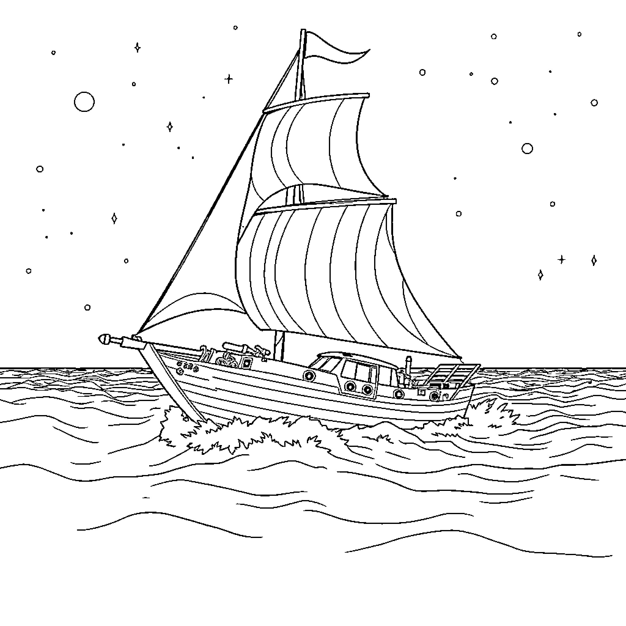 Galleon sailing the open seas Coloring Page (free black-and-white line drawing printable PDF for all, from beginners to advanced learners, including children, teens, adults, and seniors)