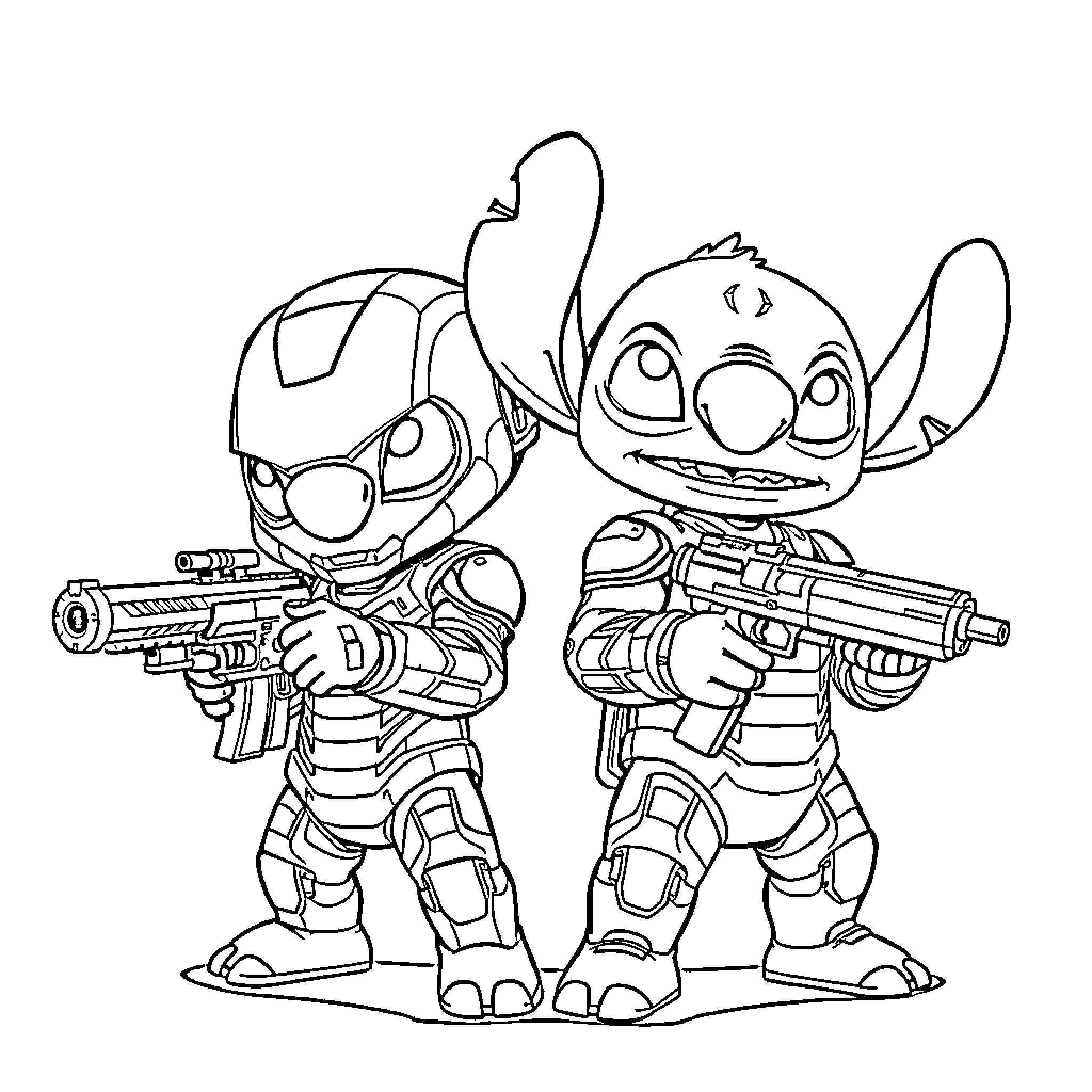 Stitch and Experiment 626 wielding blasters Coloring Page (free black-and-white line drawing printable PDF for all, from beginners to advanced learners, including children, teens, adults, and seniors)