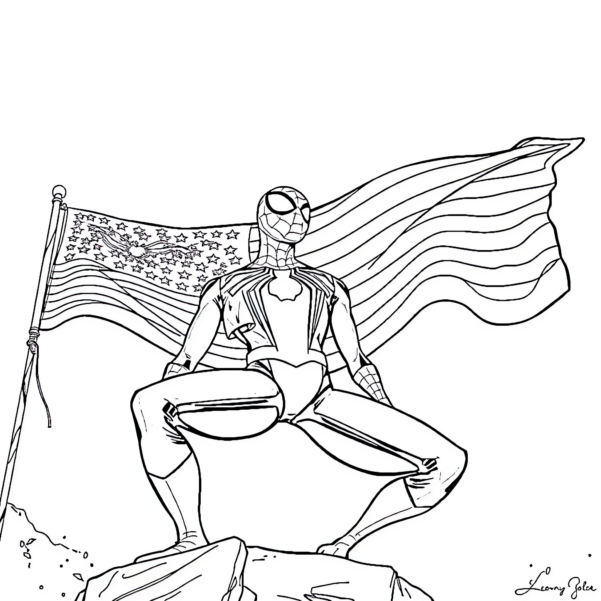 Spider-Man waving American flag in heroic pose Coloring Page (free black-and-white line drawing printable PDF for all, from beginners to advanced learners, including children, teens, adults, and seniors)