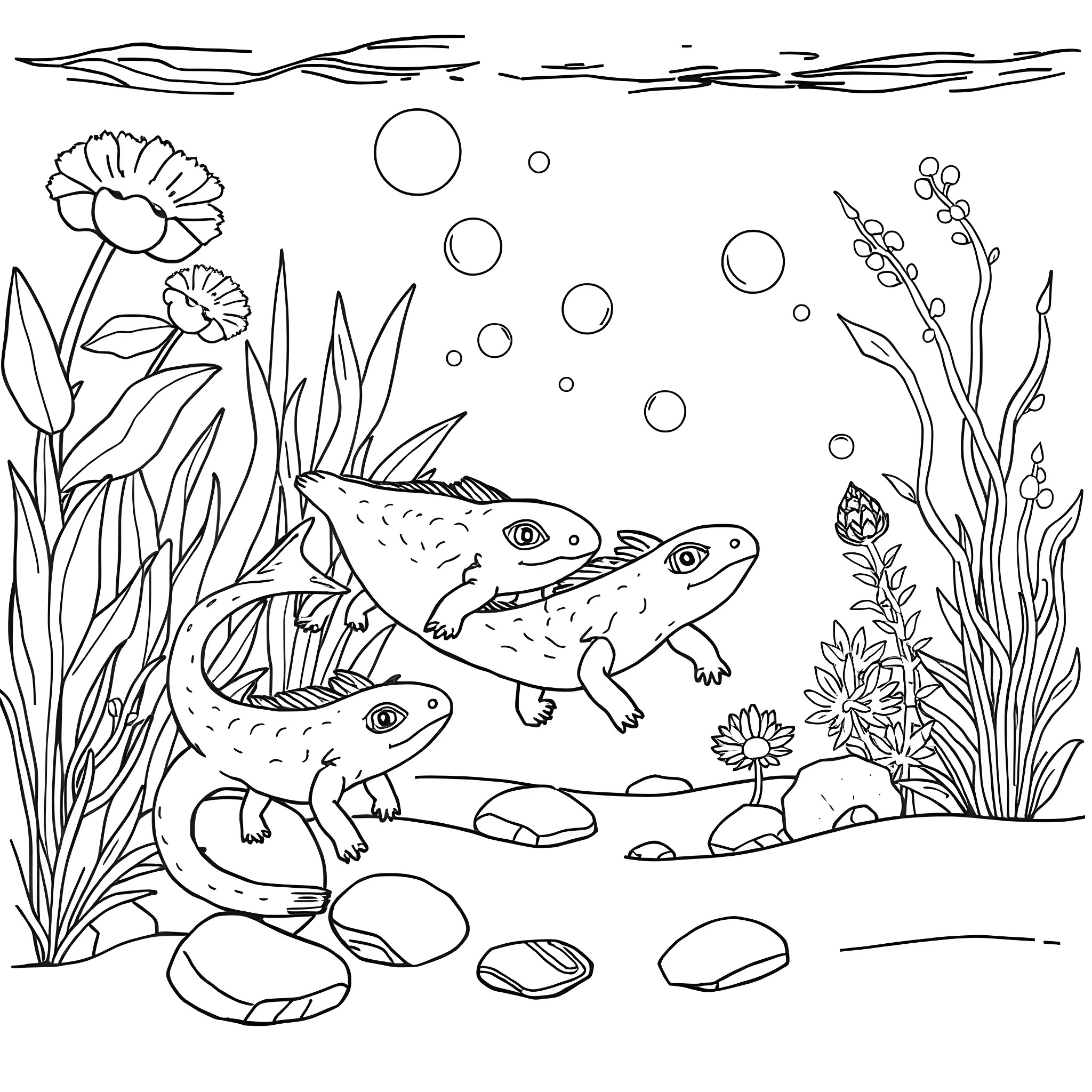 Axolotl playing among aquatic plants Coloring Page (free black-and-white line drawing printable PDF for all, from beginners to advanced learners, including children, teens, adults, and seniors)