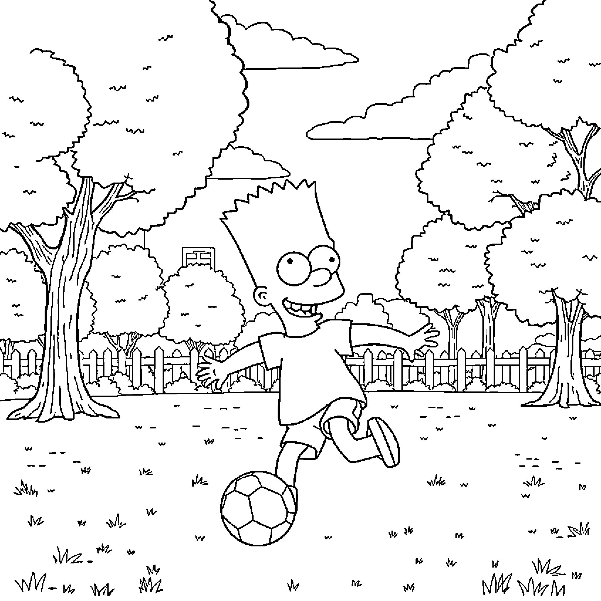 Bart Simpson kicking a soccer ball in the park Coloring Page (free black-and-white line drawing printable PDF for all, from beginners to advanced learners, including children, teens, adults, and seniors)