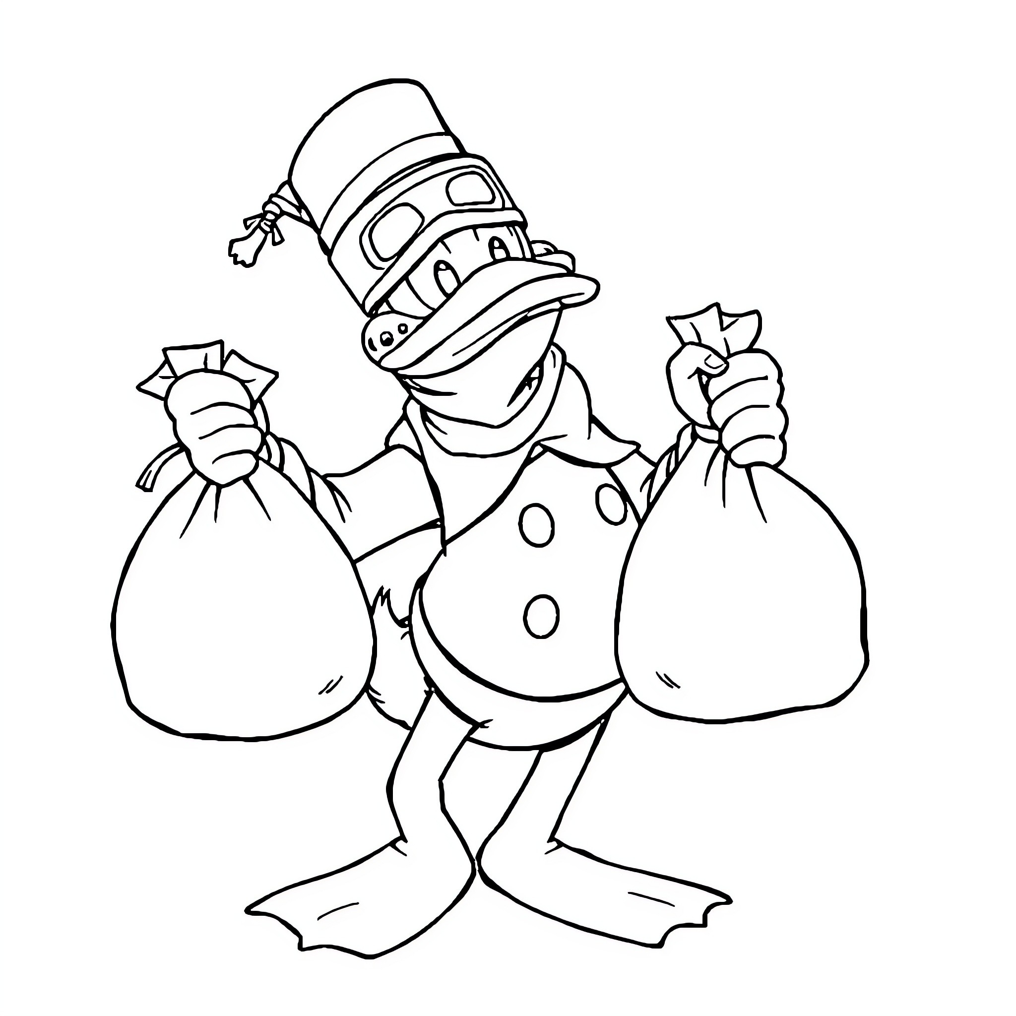 Scrooge McDuck holding sacks of money Coloring Page (free black-and-white line drawing printable PDF for all, from beginners to advanced learners, including children, teens, adults, and seniors)
