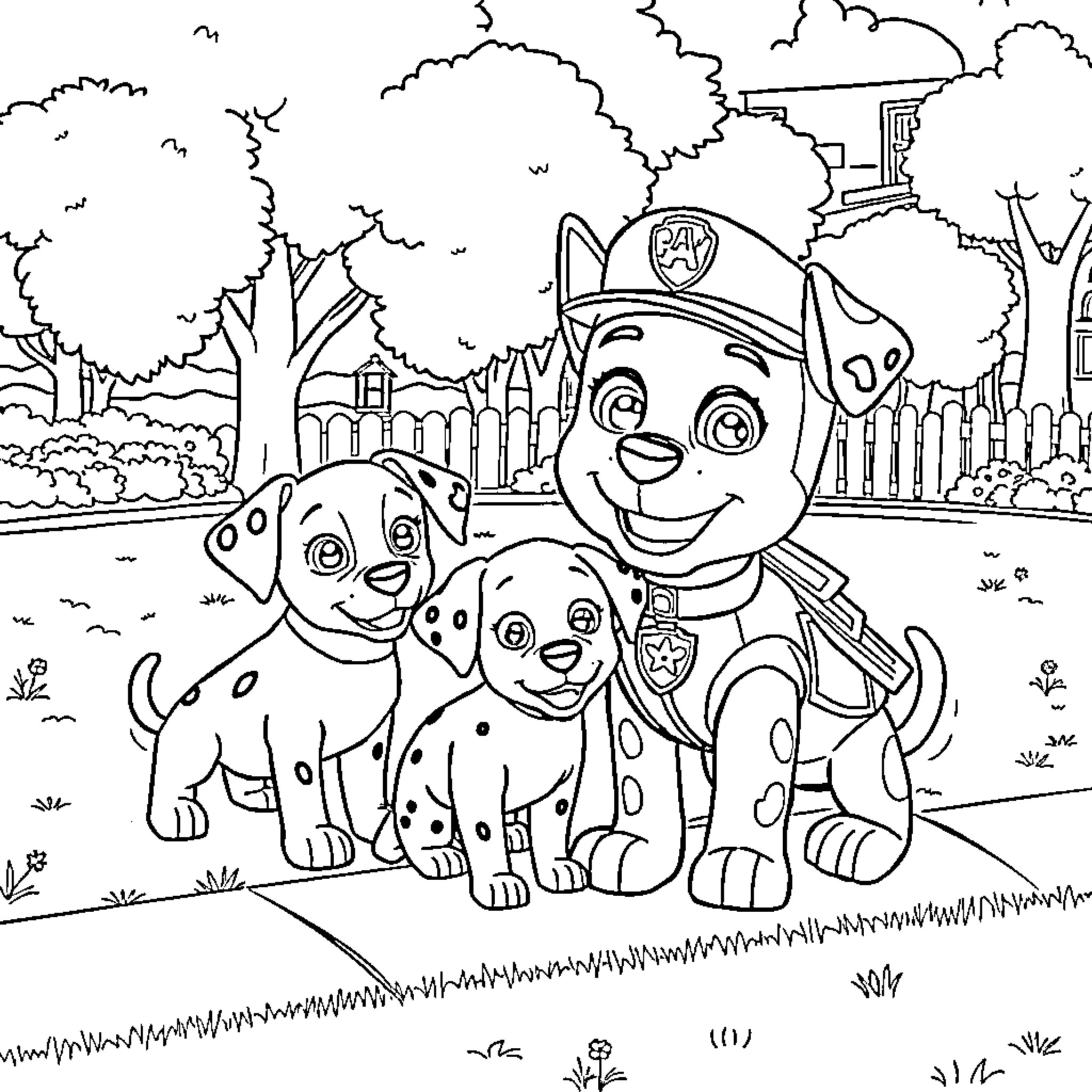 Marshall and Pups on Patrol in the Park Coloring Page (free black-and-white line drawing printable PDF for all, from beginners to advanced learners, including children, teens, adults, and seniors)