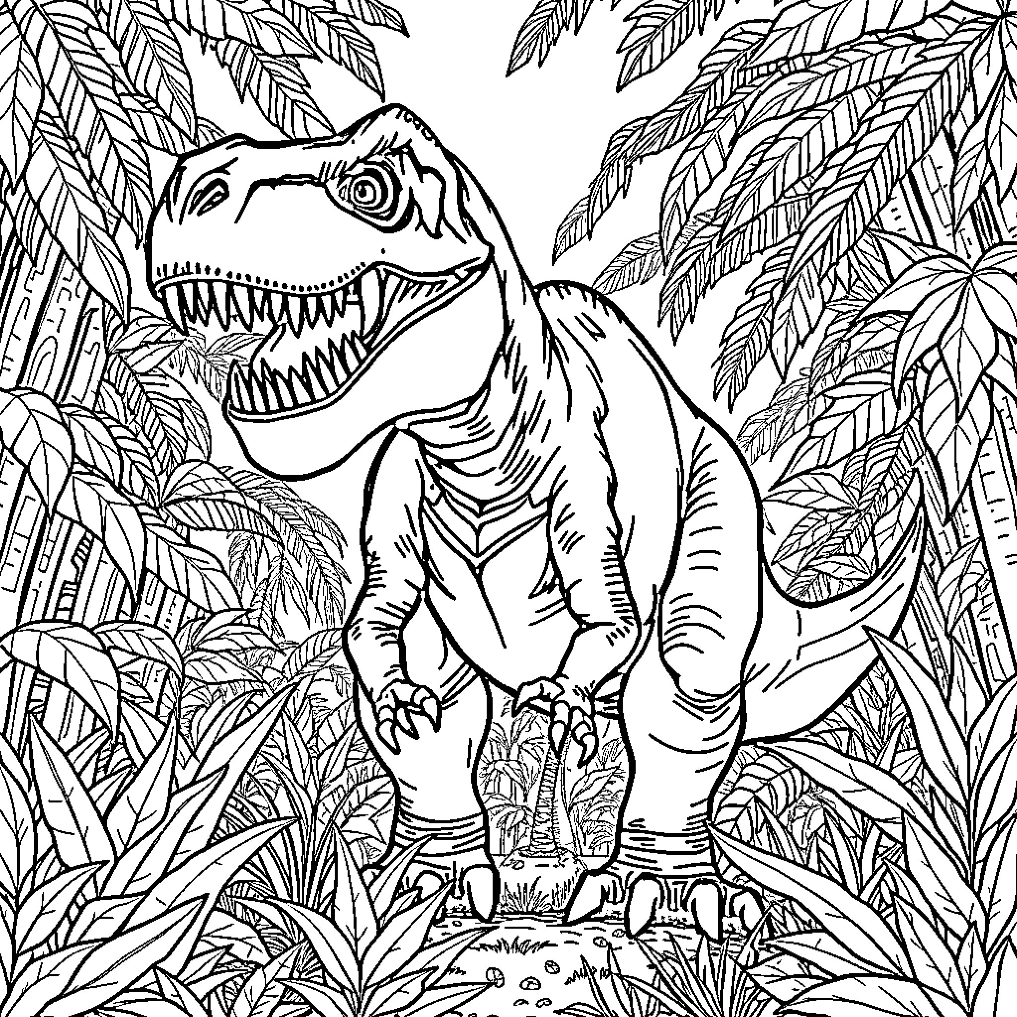 Dinosaur Roaring in Lush Jungle Landscape Coloring Page (free black-and-white line drawing printable PDF for all, from beginners to advanced learners, including children, teens, adults, and seniors)