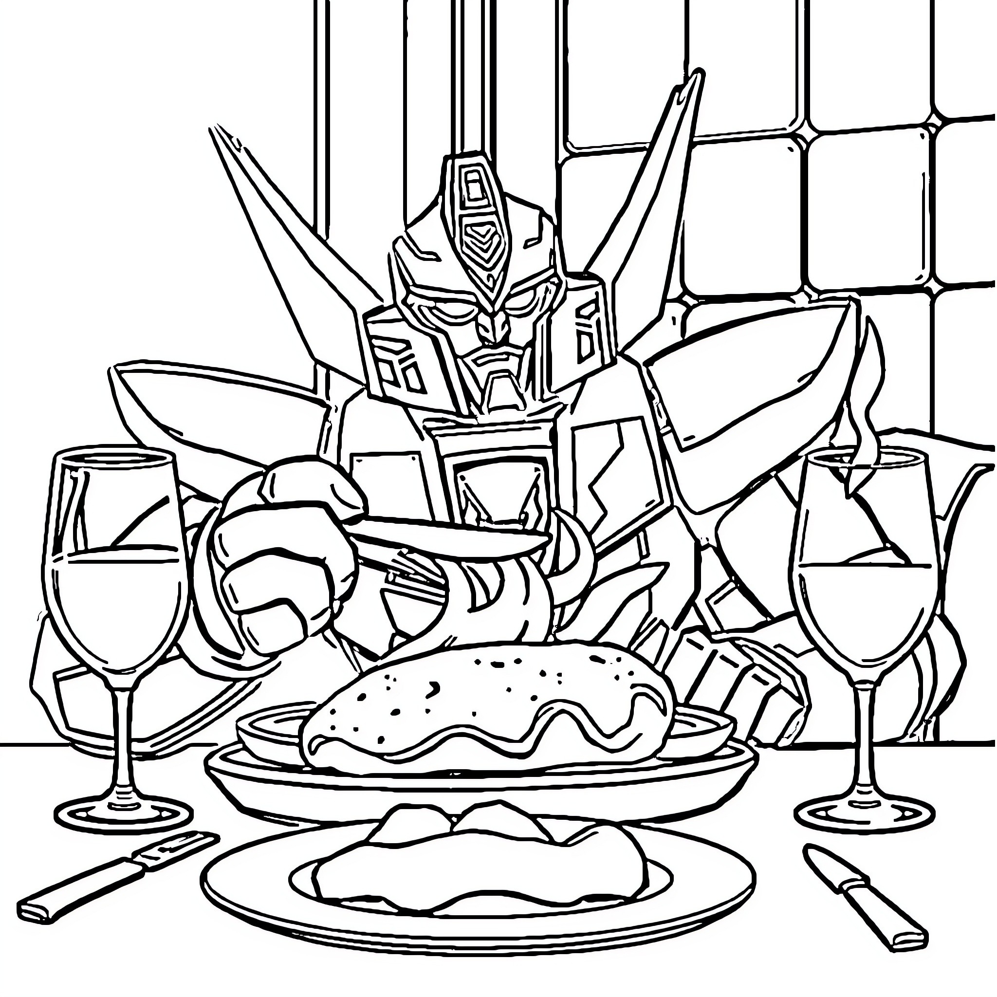 Voltron Enjoying a Meal with Drinks Coloring Page (free black-and-white line drawing printable PDF for all, from beginners to advanced learners, including children, teens, adults, and seniors)