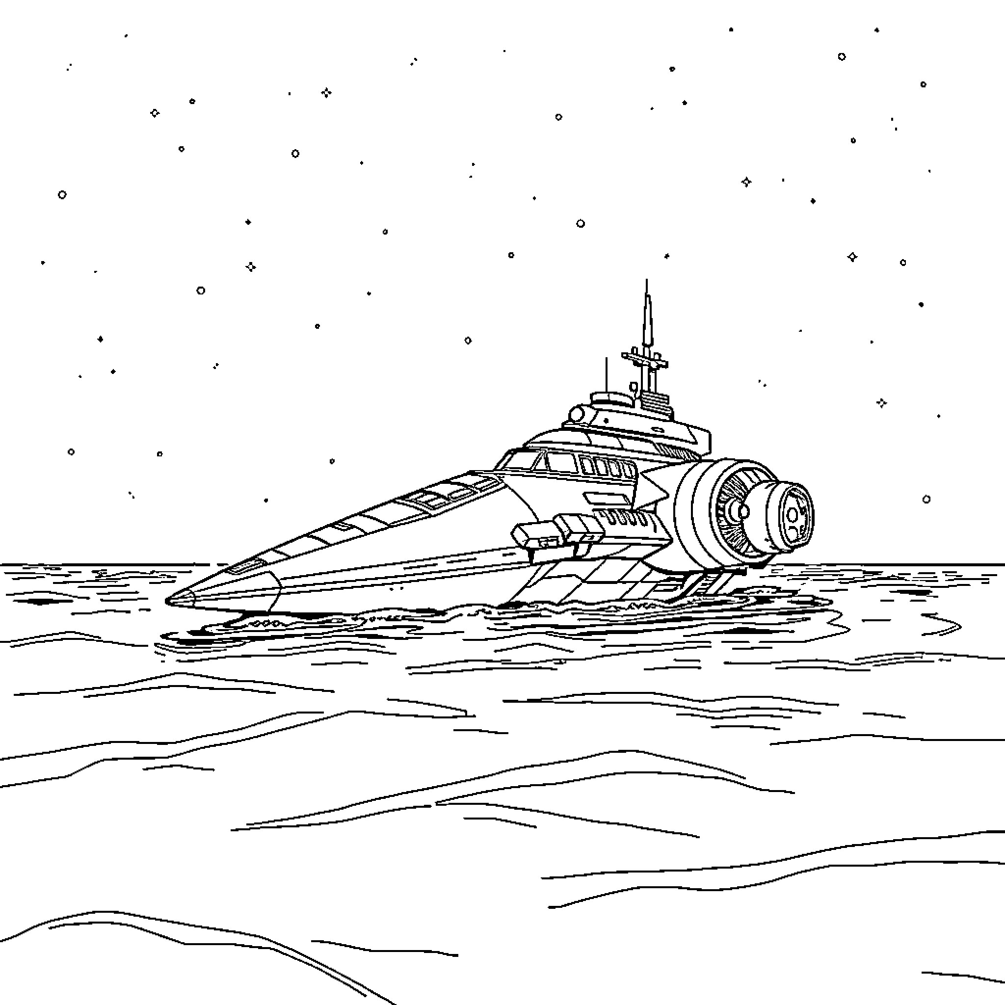 Space Ship Cruising Through Starry Expanse Coloring Page (free black-and-white line drawing printable PDF for all, from beginners to advanced learners, including children, teens, adults, and seniors)