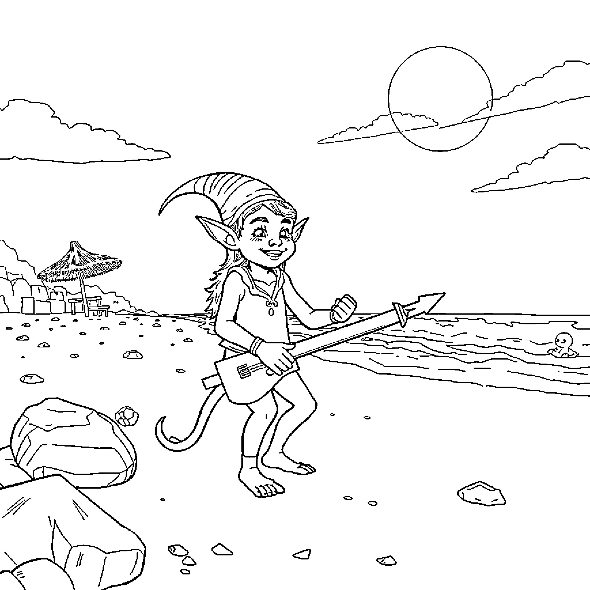 Elf playing guitar on the beach at sunset Coloring Page (free black-and-white line drawing printable PDF for all, from beginners to advanced learners, including children, teens, adults, and seniors)