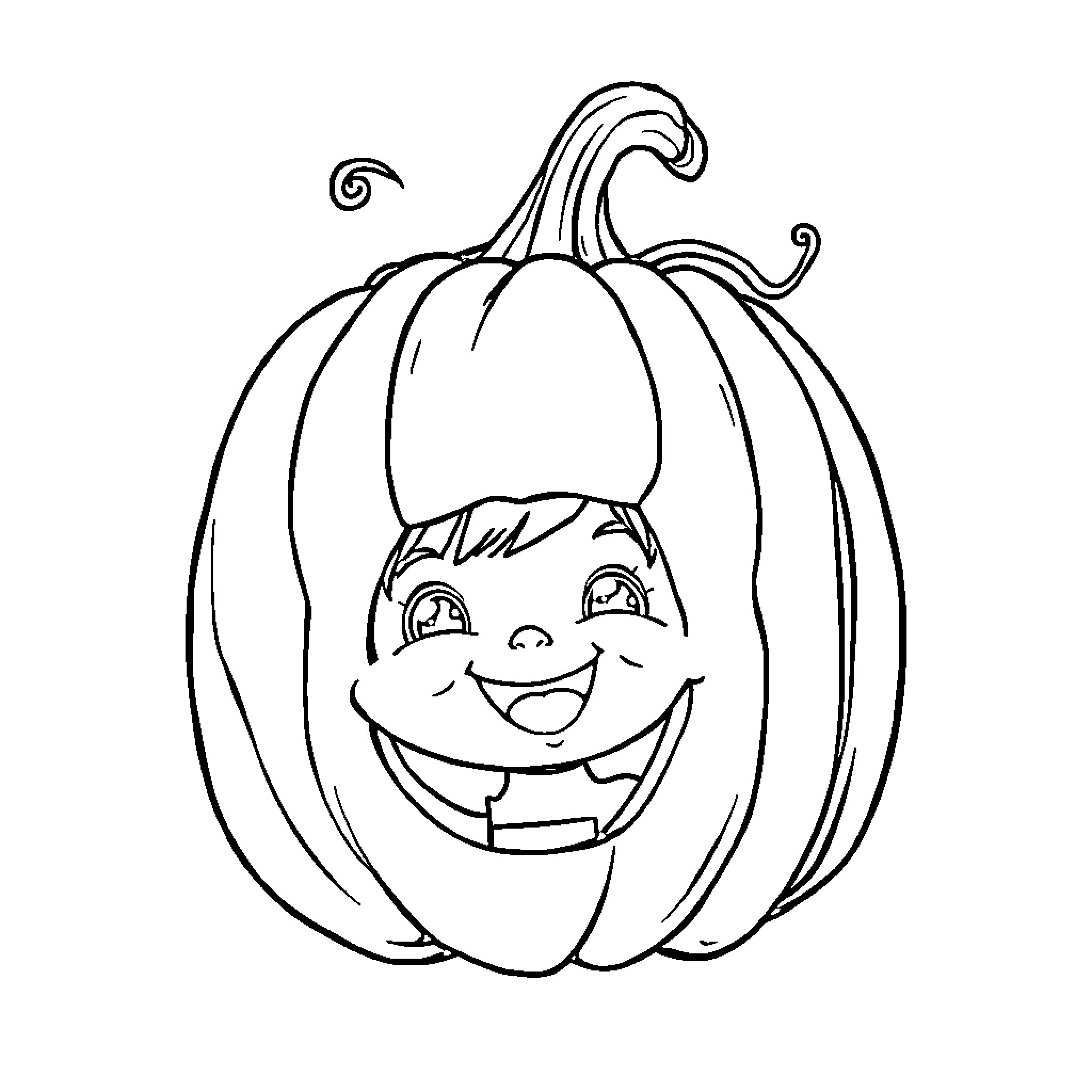 Kid carving a happy jack-o'-lantern Coloring Page (free black-and-white line drawing printable PDF for all, from beginners to advanced learners, including children, teens, adults, and seniors)