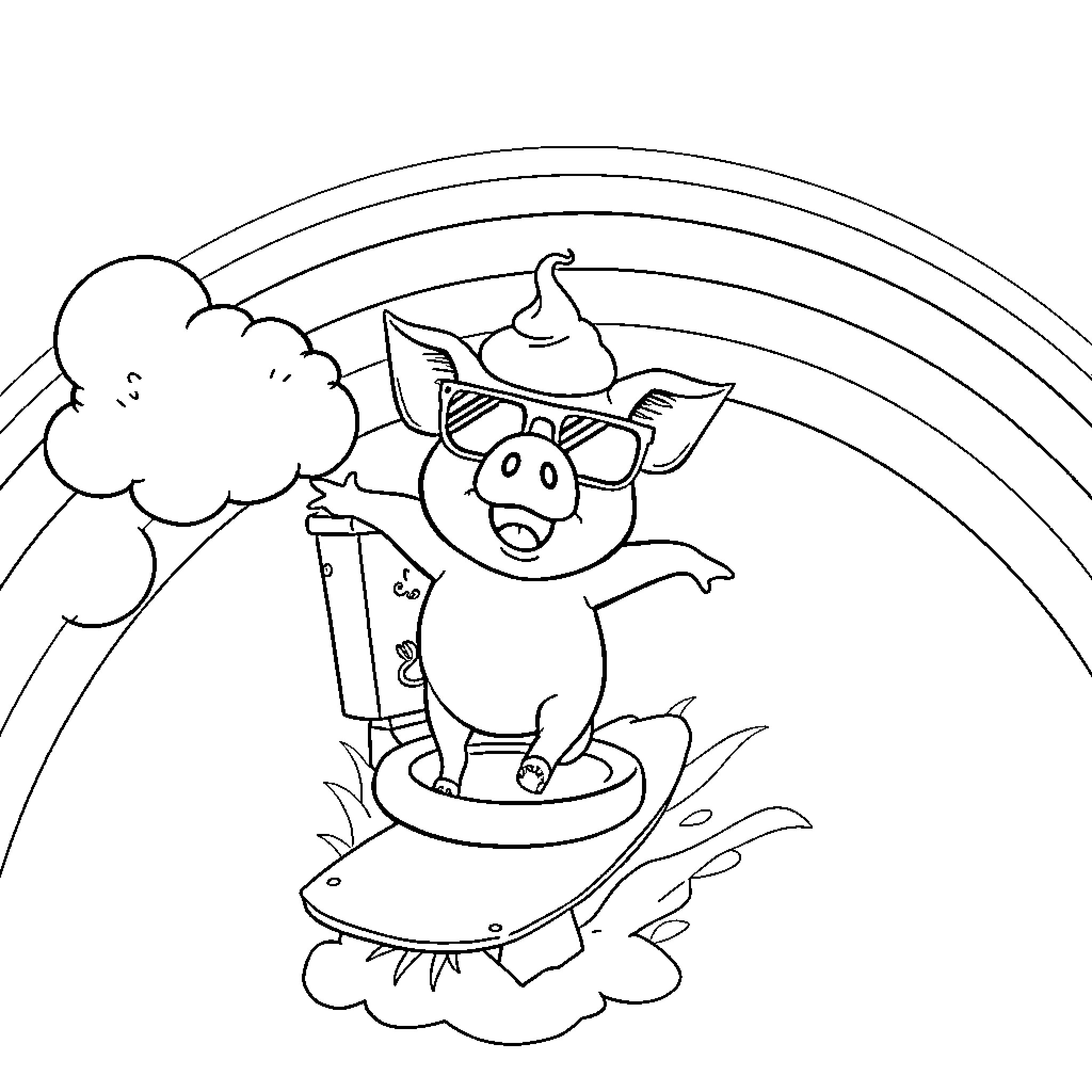Pig riding a flying saucer through the sky Coloring Page (free black-and-white line drawing printable PDF for all, from beginners to advanced learners, including children, teens, adults, and seniors)