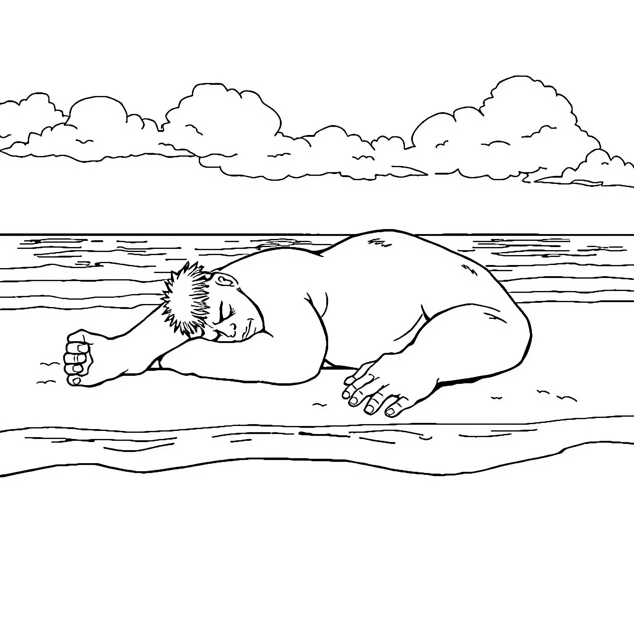 Hulk Resting Peacefully on the Beach Coloring Page (free black-and-white line drawing printable PDF for all, from beginners to advanced learners, including children, teens, adults, and seniors)