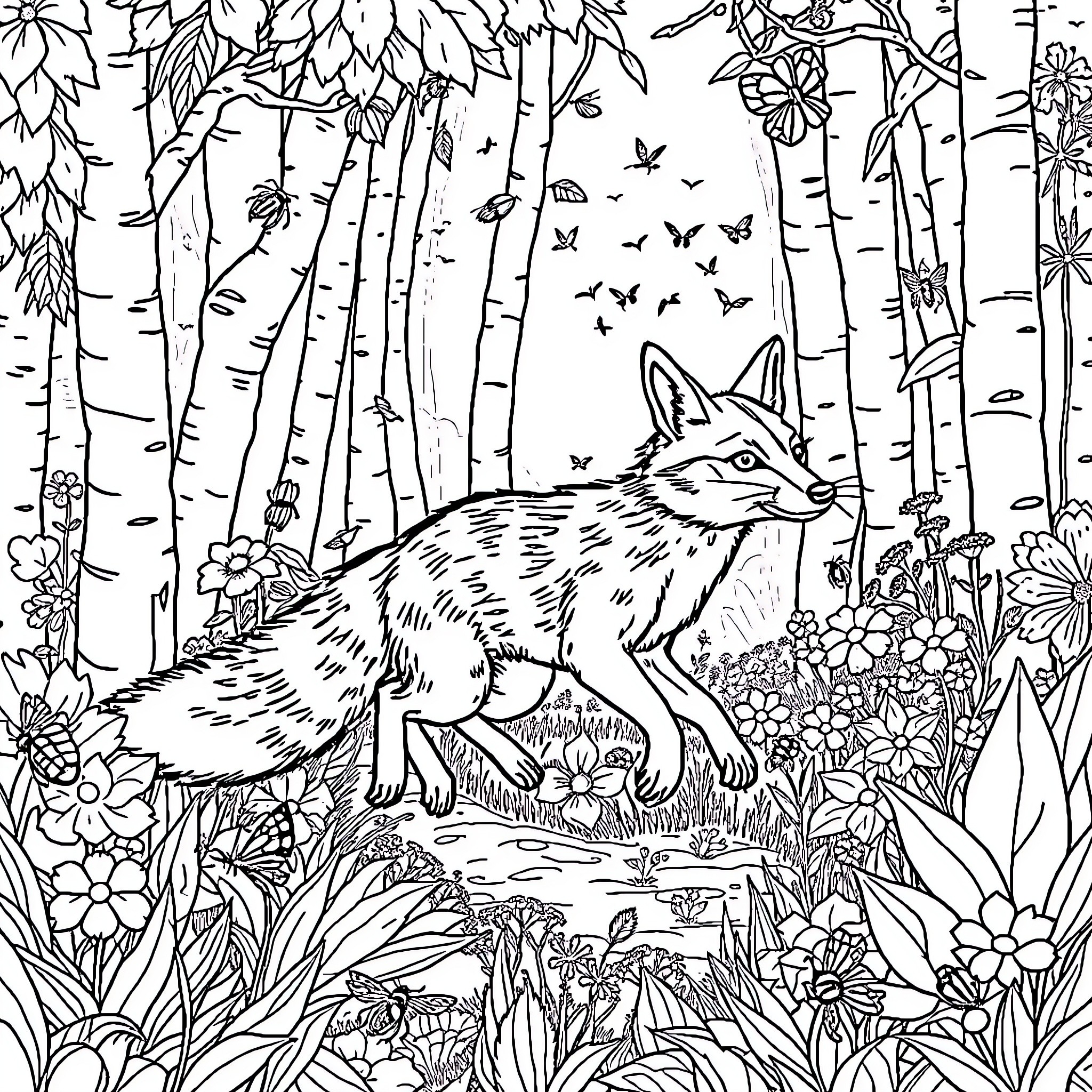 Fox wandering through the enchanted forest Coloring Page (free black-and-white line drawing printable PDF for all, from beginners to advanced learners, including children, teens, adults, and seniors)