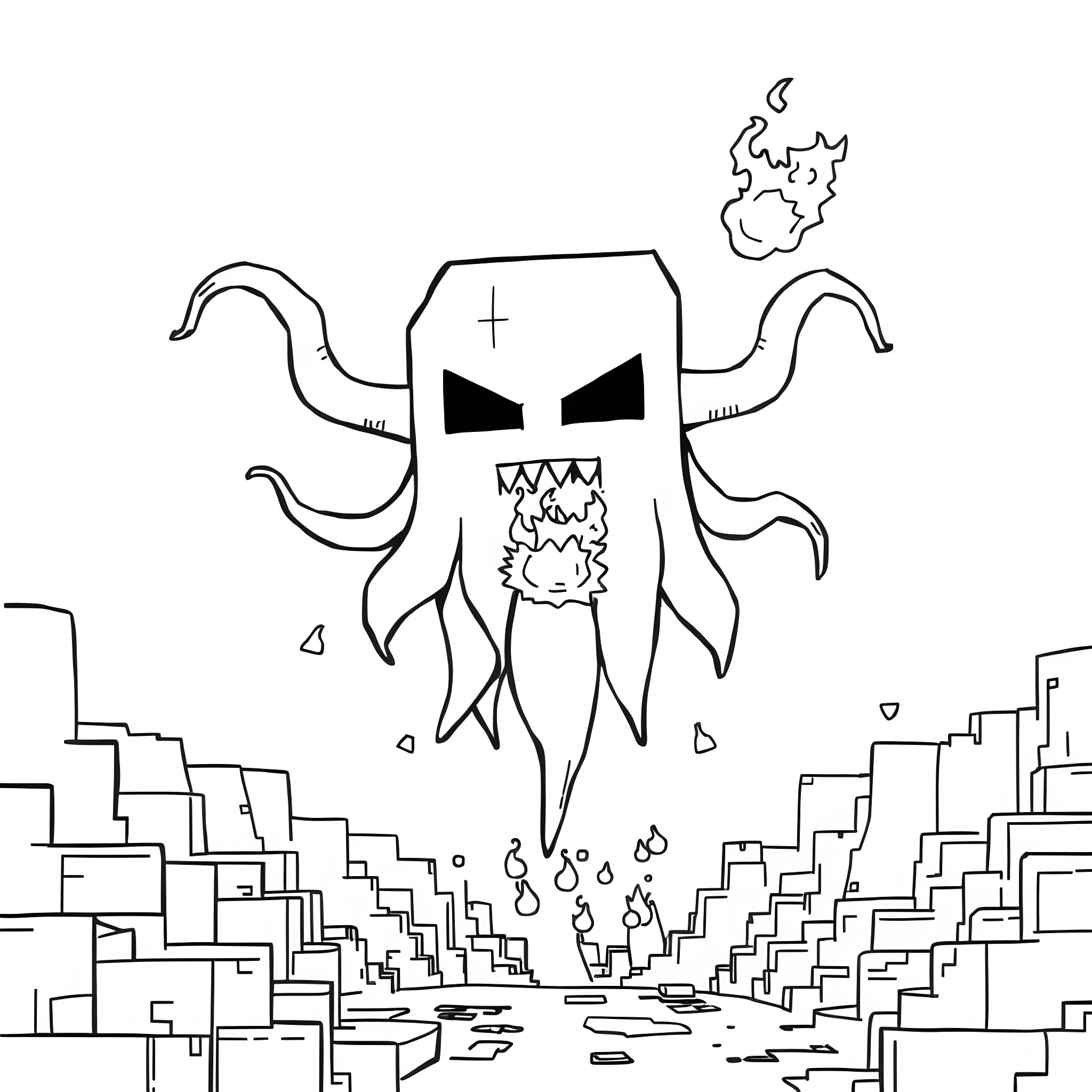 Ghast floating menacingly over a ruined city Coloring Page (free black-and-white line drawing printable PDF for all, from beginners to advanced learners, including children, teens, adults, and seniors)