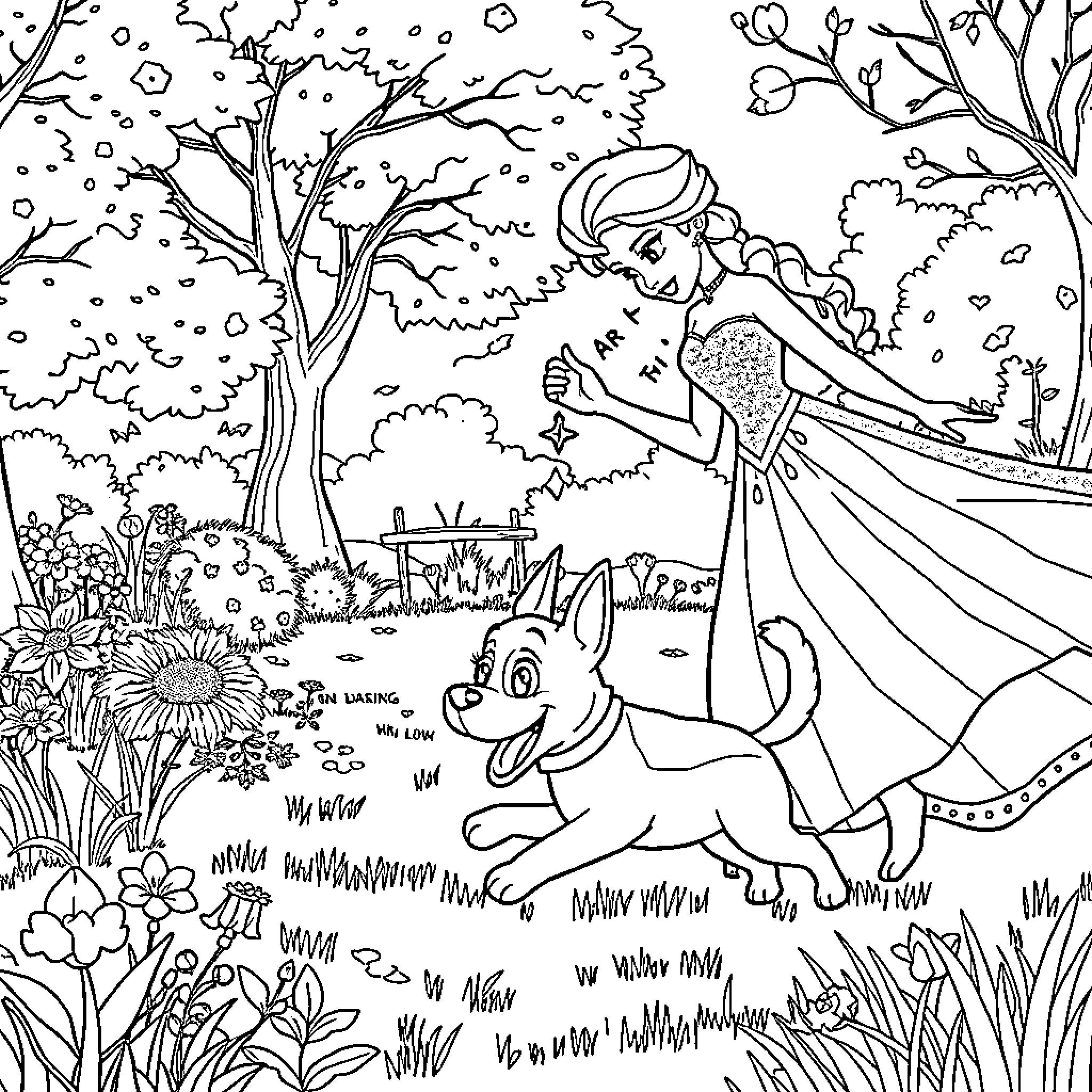 Elsa and her Canine Companion Explore the Enchanted Forest Coloring Page (free black-and-white line drawing printable PDF for all, from beginners to advanced learners, including children, teens, adults, and seniors)