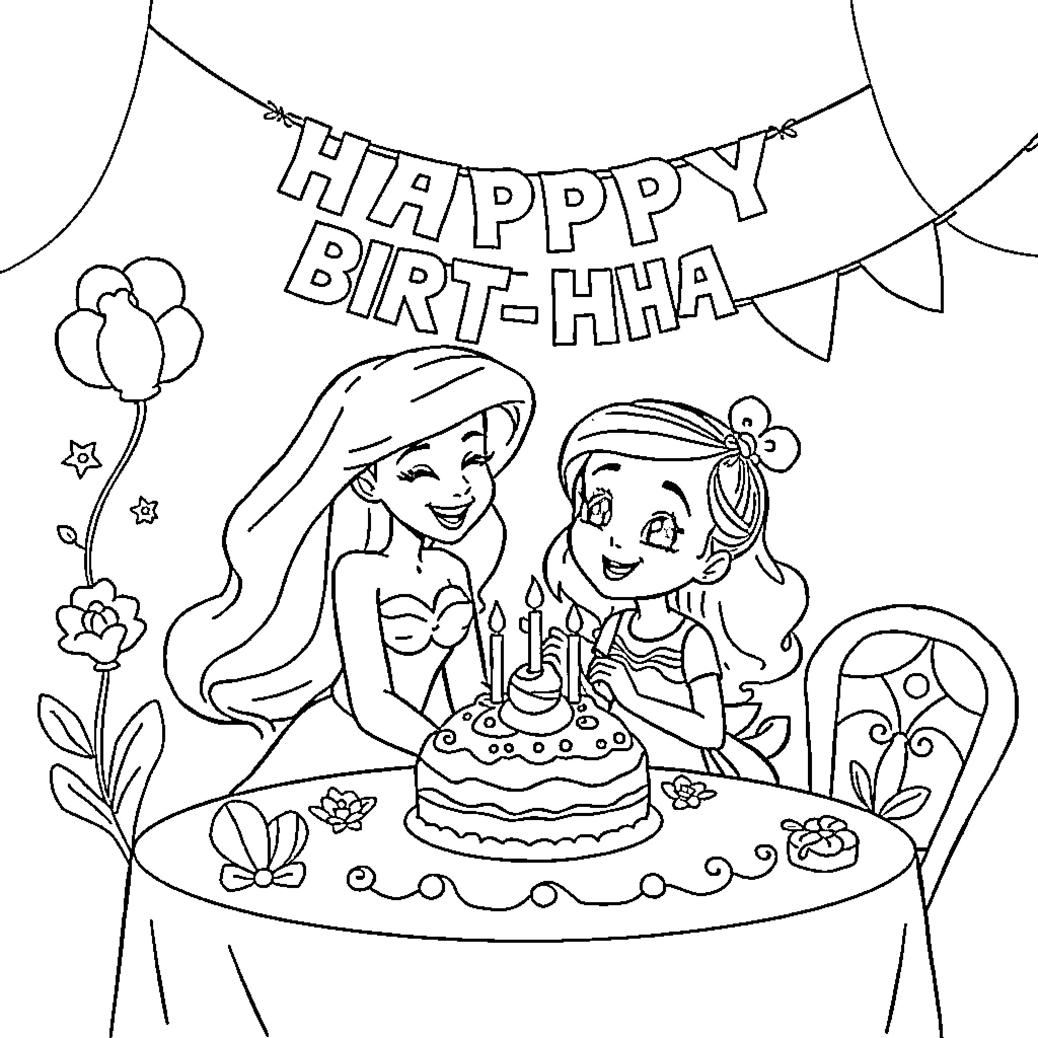 Ariel's Birthday Celebration with Friends Coloring Page (free black-and-white line drawing printable PDF for all, from beginners to advanced learners, including children, teens, adults, and seniors)