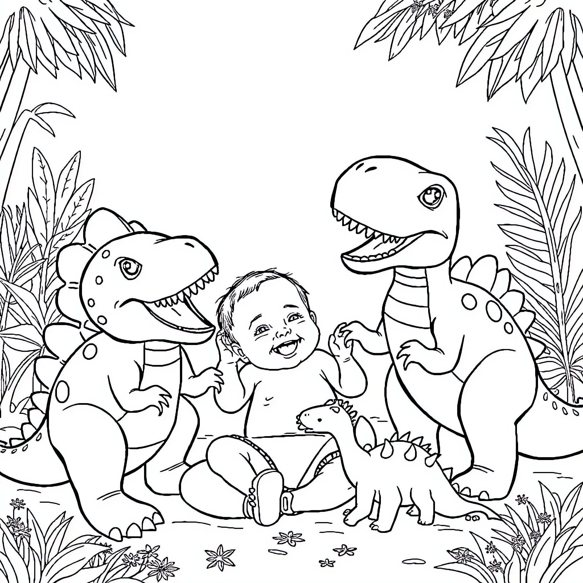 Baby playing happily with dinosaur friends in nature Coloring Page (free black-and-white line drawing printable PDF for all, from beginners to advanced learners, including children, teens, adults, and seniors)