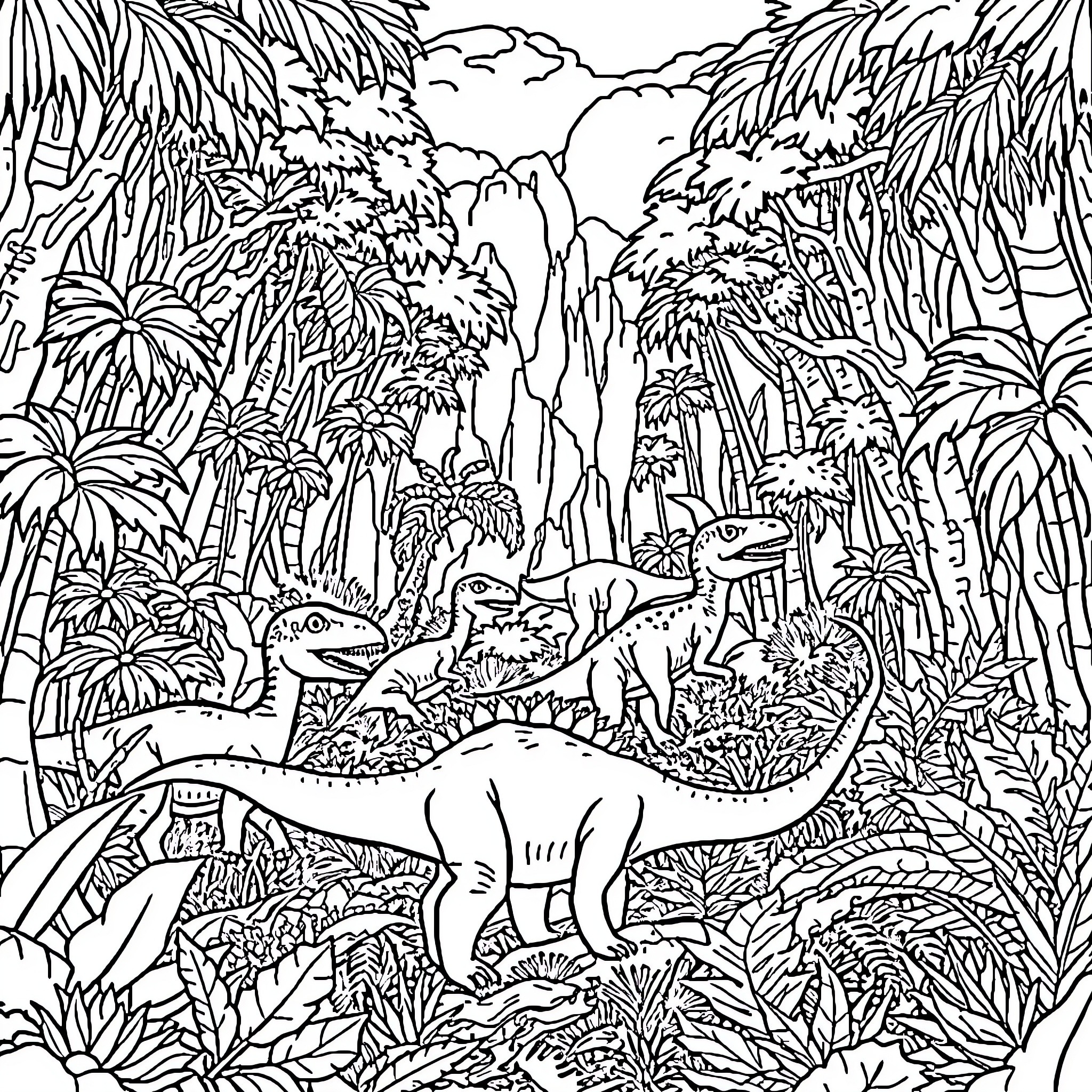 Dinosaur Explorers in Prehistoric Jungle Coloring Page (free black-and-white line drawing printable PDF for all, from beginners to advanced learners, including children, teens, adults, and seniors)