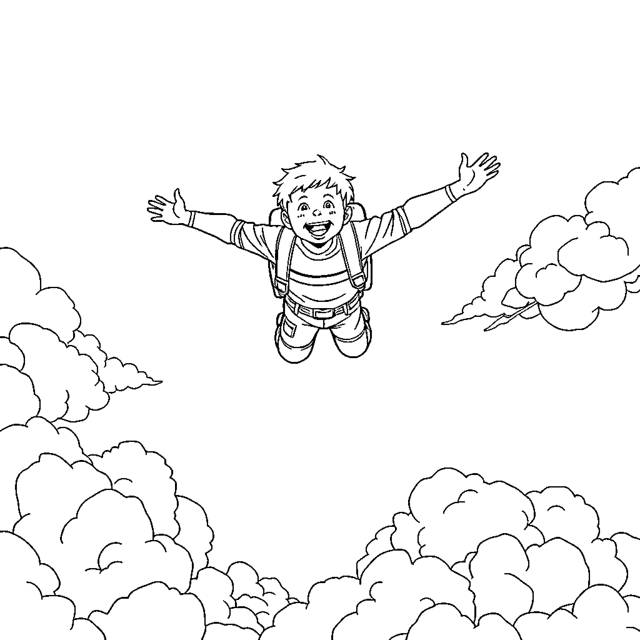 Boy soaring joyfully through the clouds Coloring Page (free black-and-white line drawing printable PDF for all, from beginners to advanced learners, including children, teens, adults, and seniors)