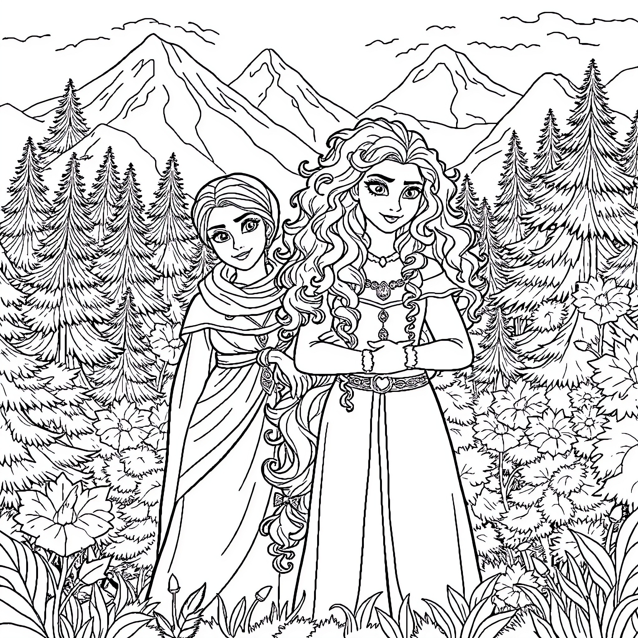 Merida and the Enchanted Forest Coloring Page (free black-and-white line drawing printable PDF for all, from beginners to advanced learners, including children, teens, adults, and seniors)