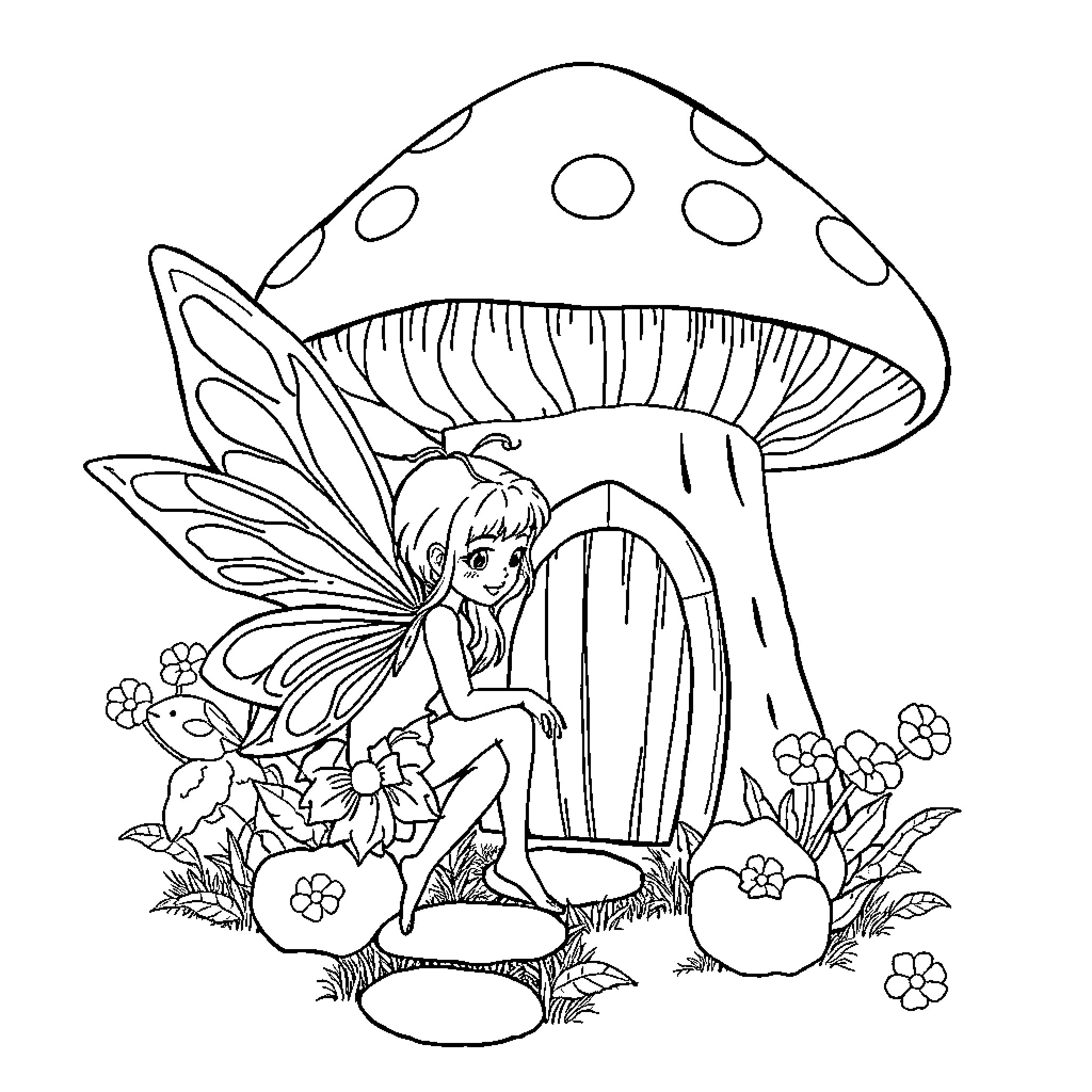 Fairy exploring magical mushroom dwelling Coloring Page (free black-and-white line drawing printable PDF for all, from beginners to advanced learners, including children, teens, adults, and seniors)