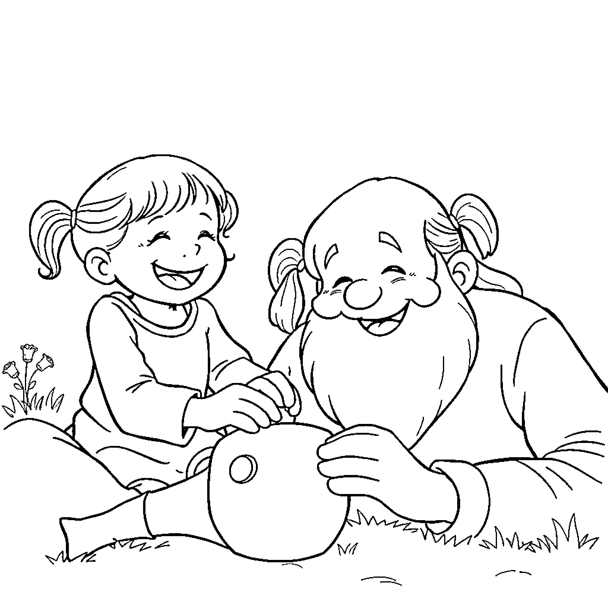 Girl and Grandfather Enjoying Outdoor Activities Coloring Page (free black-and-white line drawing printable PDF for all, from beginners to advanced learners, including children, teens, adults, and seniors)