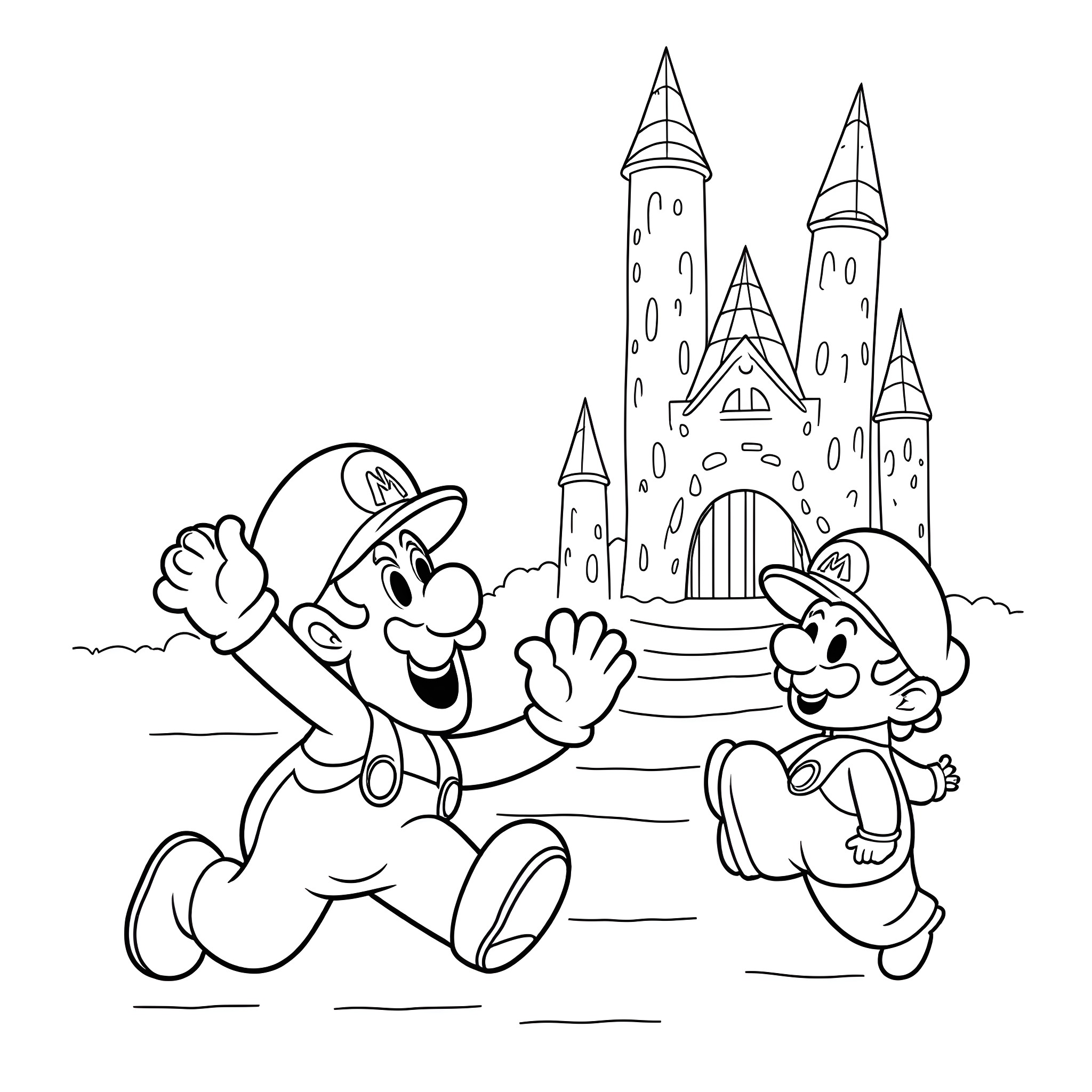 Luigi and Mario exploring the magical castle Coloring Page (free black-and-white line drawing printable PDF for all, from beginners to advanced learners, including children, teens, adults, and seniors)