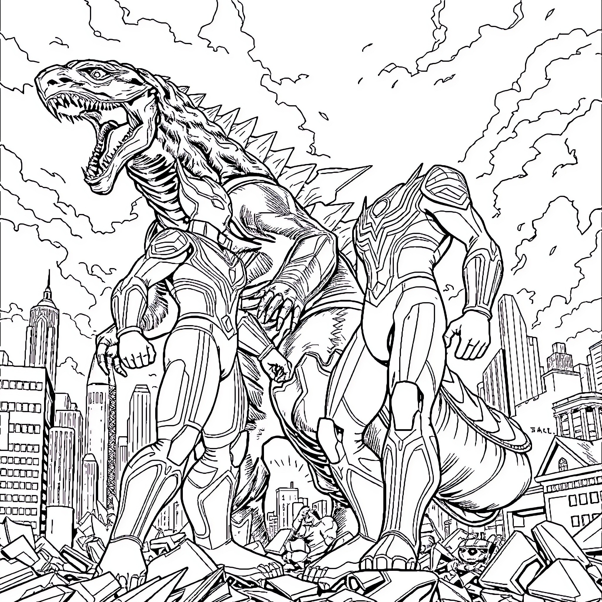 Ultraman battles a colossal monstrous beast in the city Coloring Page (free black-and-white line drawing printable PDF for all, from beginners to advanced learners, including children, teens, adults, and seniors)
