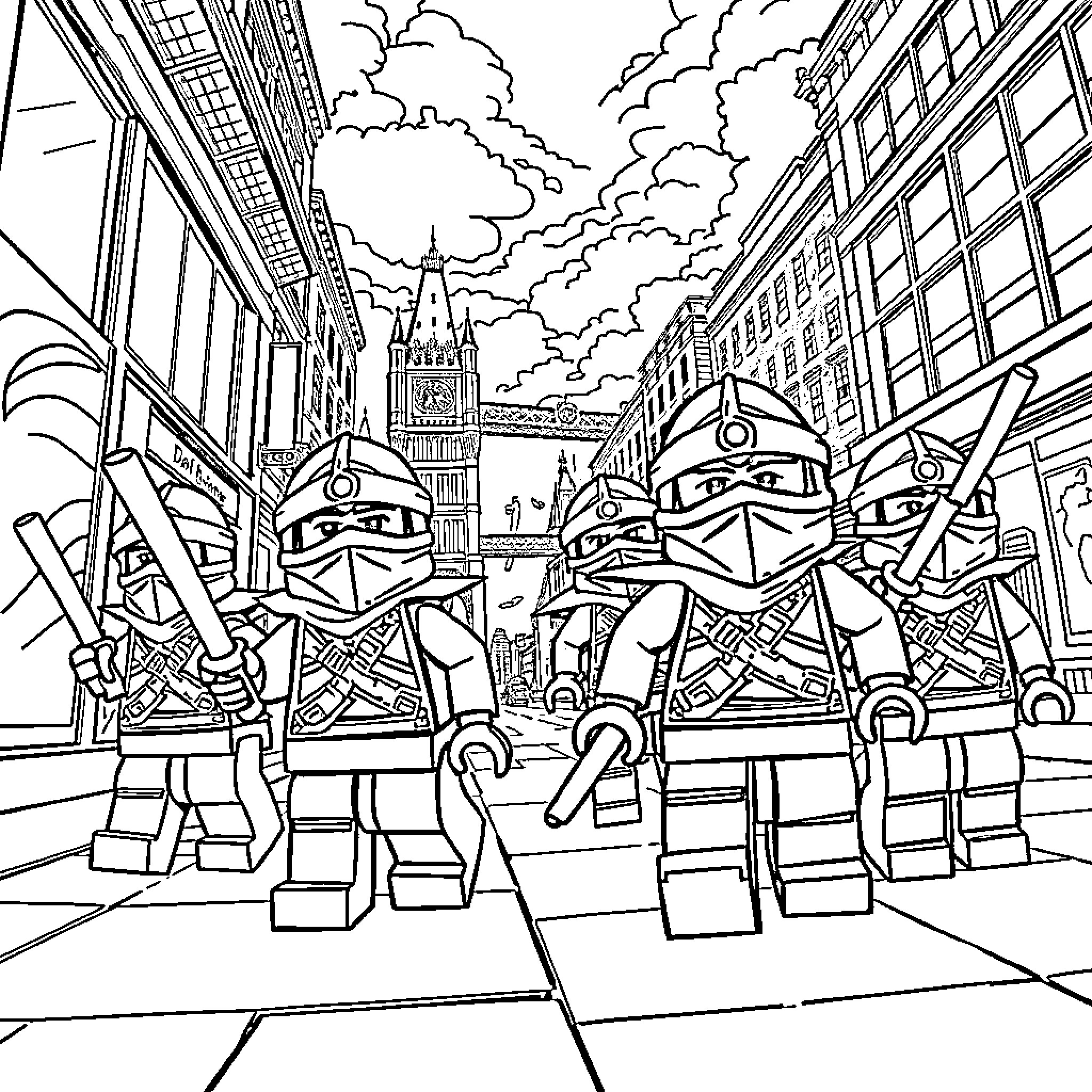 Ninjago characters in action-packed city scene Coloring Page (free black-and-white line drawing printable PDF for all, from beginners to advanced learners, including children, teens, adults, and seniors)