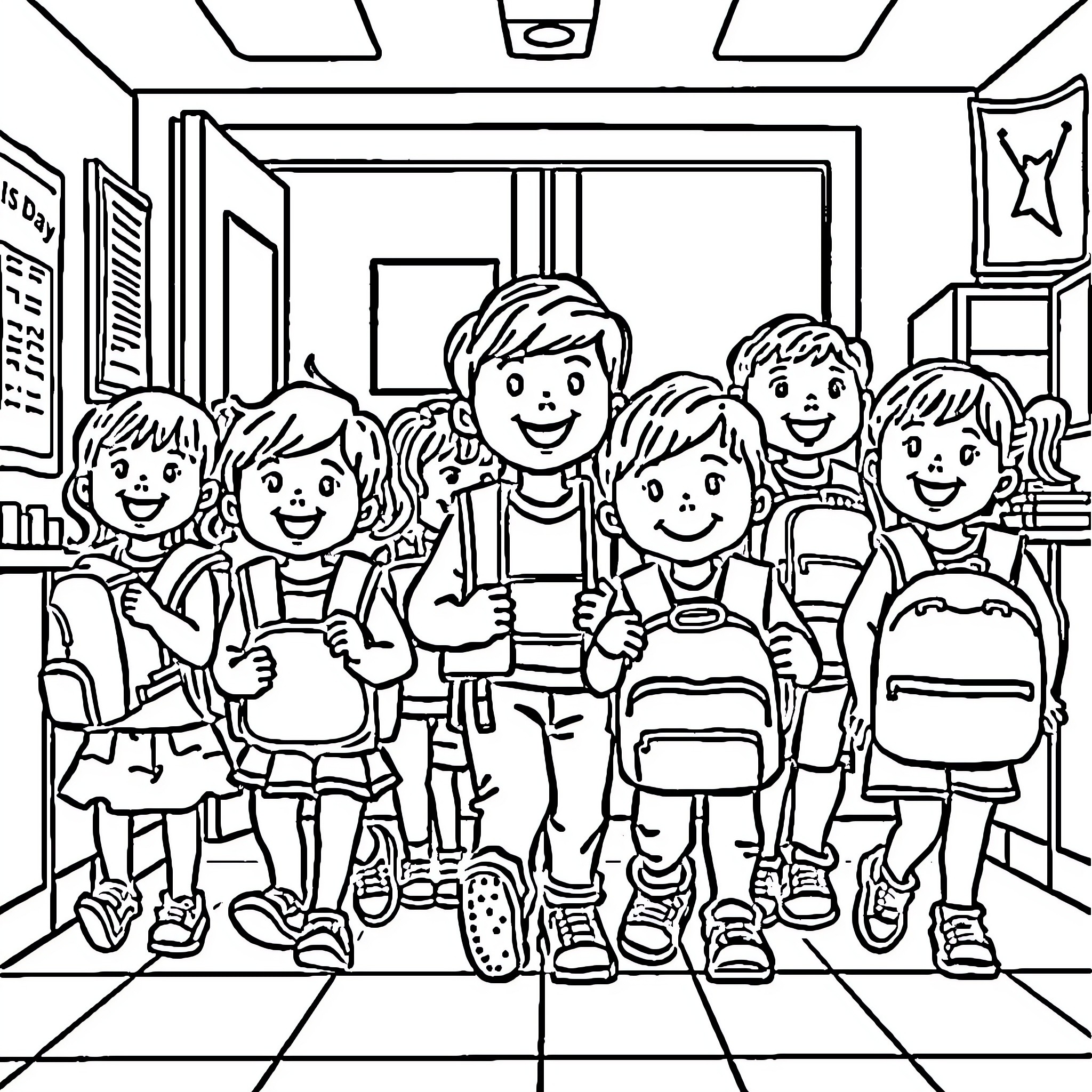 Kindergarten students cheerfully gathered in the classroom Coloring Page (free black-and-white line drawing printable PDF for all, from beginners to advanced learners, including children, teens, adults, and seniors)