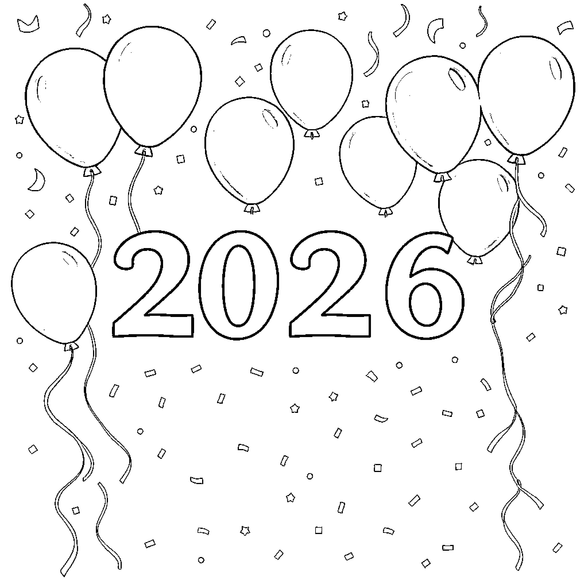 New Year celebrations with balloons and confetti Coloring Page (free black-and-white line drawing printable PDF for all, from beginners to advanced learners, including children, teens, adults, and seniors)