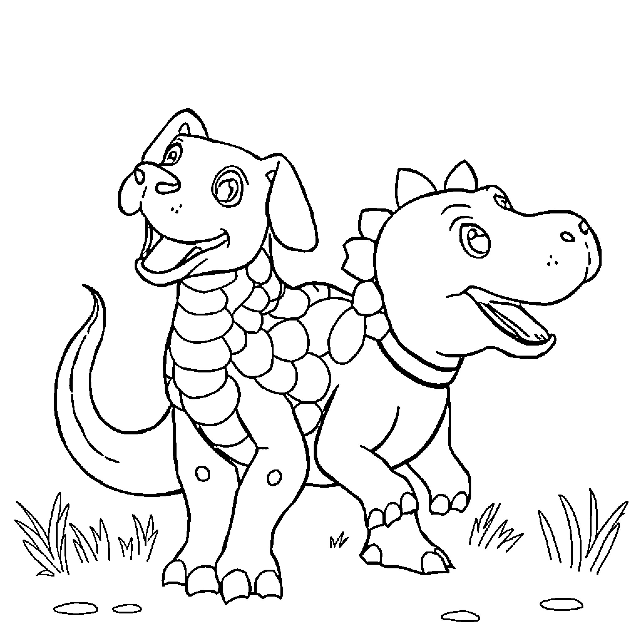 Dinodog friends exploring the outdoors Coloring Page (free black-and-white line drawing printable PDF for all, from beginners to advanced learners, including children, teens, adults, and seniors)