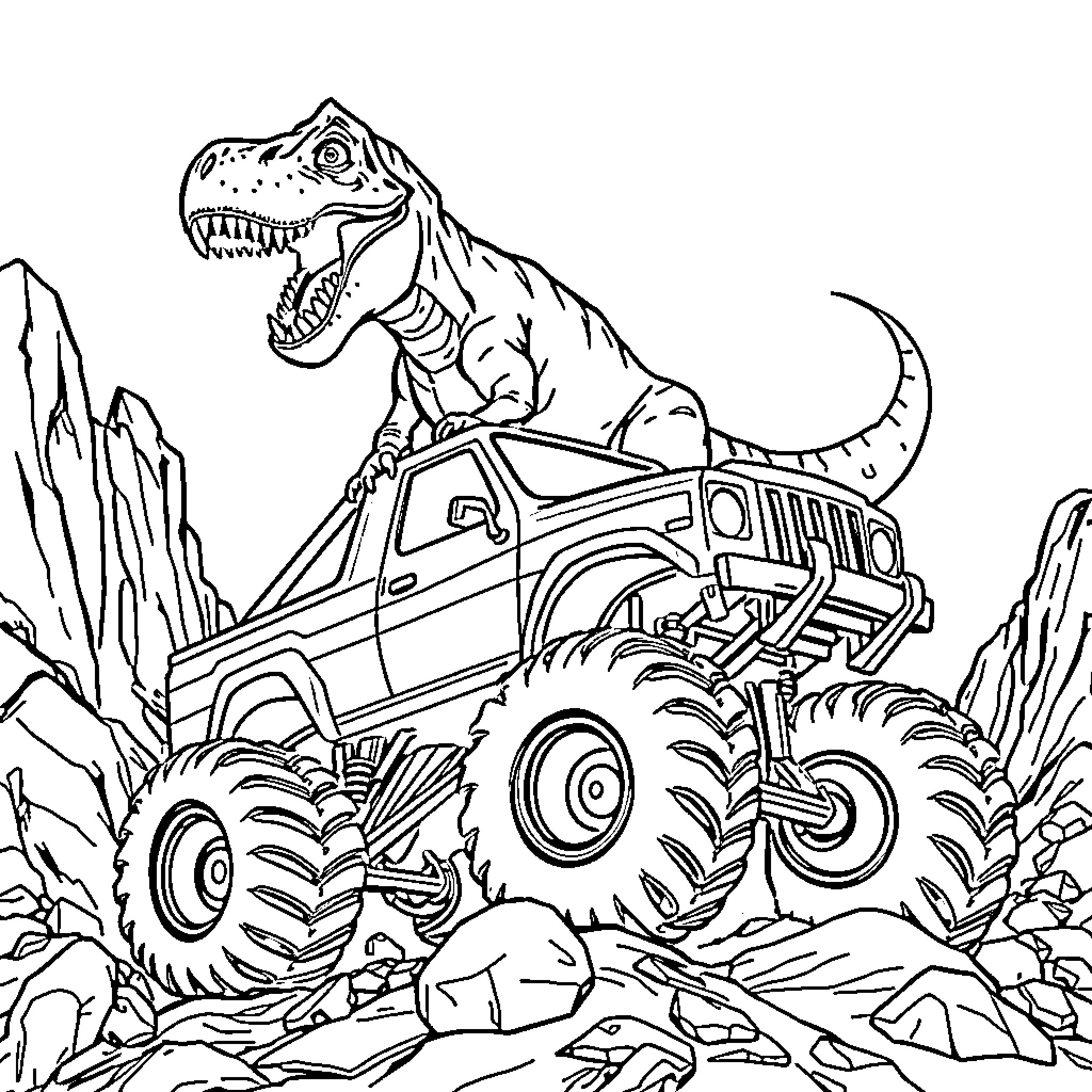 T-Rex Rides Monstrous Truck in Prehistoric Landscape Coloring Page (free black-and-white line drawing printable PDF for all, from beginners to advanced learners, including children, teens, adults, and seniors)