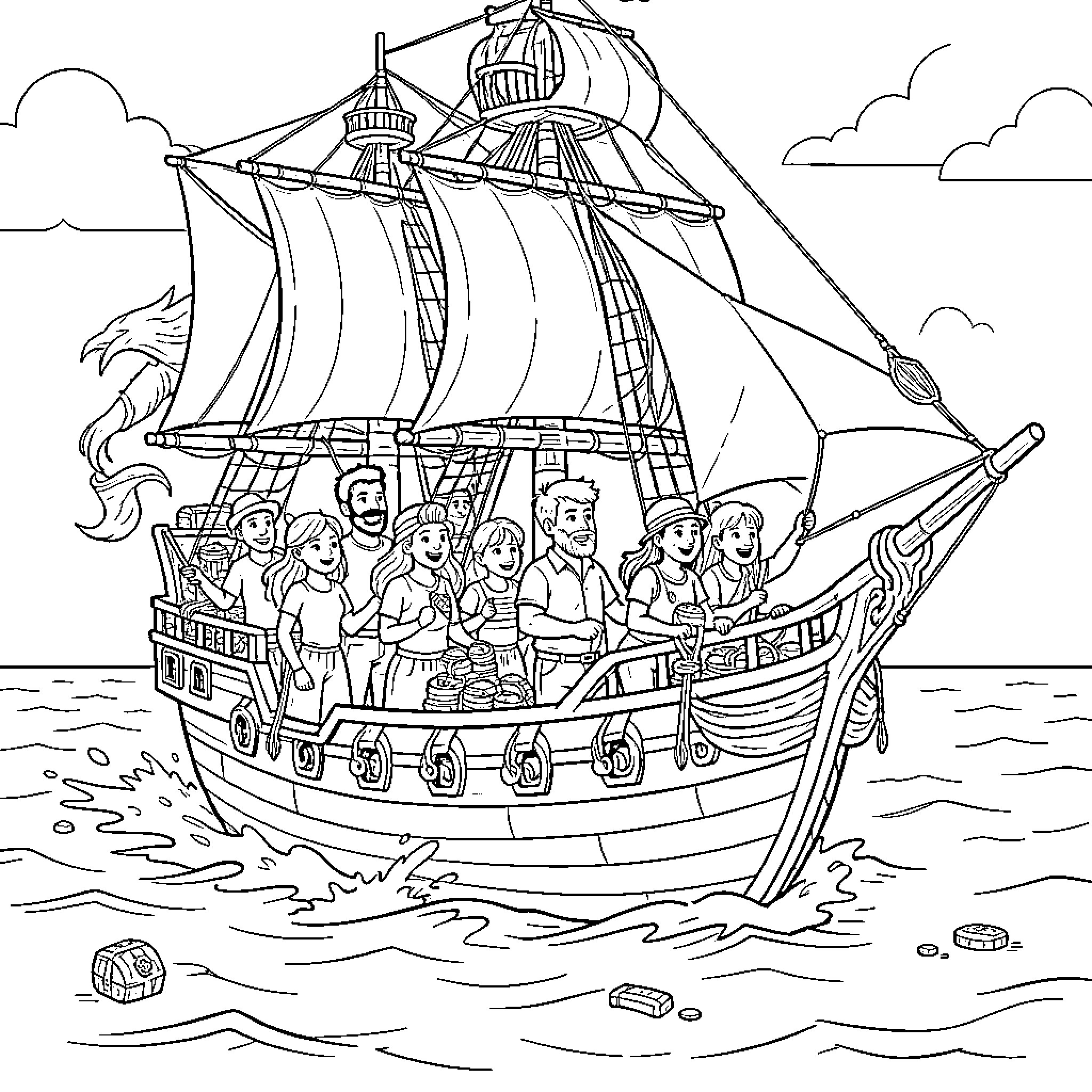 One Piece crew members smiling on a sailing ship Coloring Page (free black-and-white line drawing printable PDF for all, from beginners to advanced learners, including children, teens, adults, and seniors)