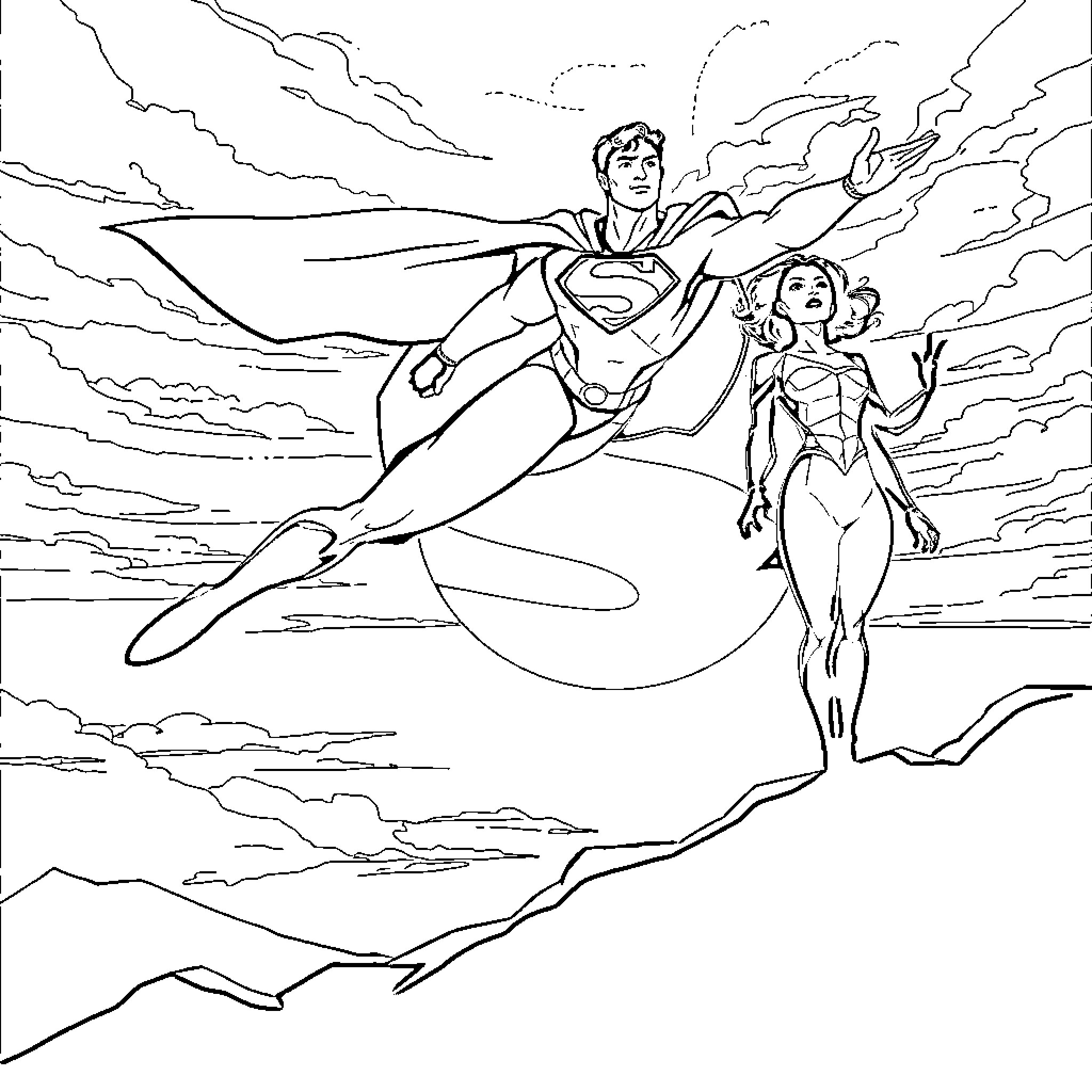 Superman and Wonder Woman flying through clouds Coloring Page (free black-and-white line drawing printable PDF for all, from beginners to advanced learners, including children, teens, adults, and seniors)