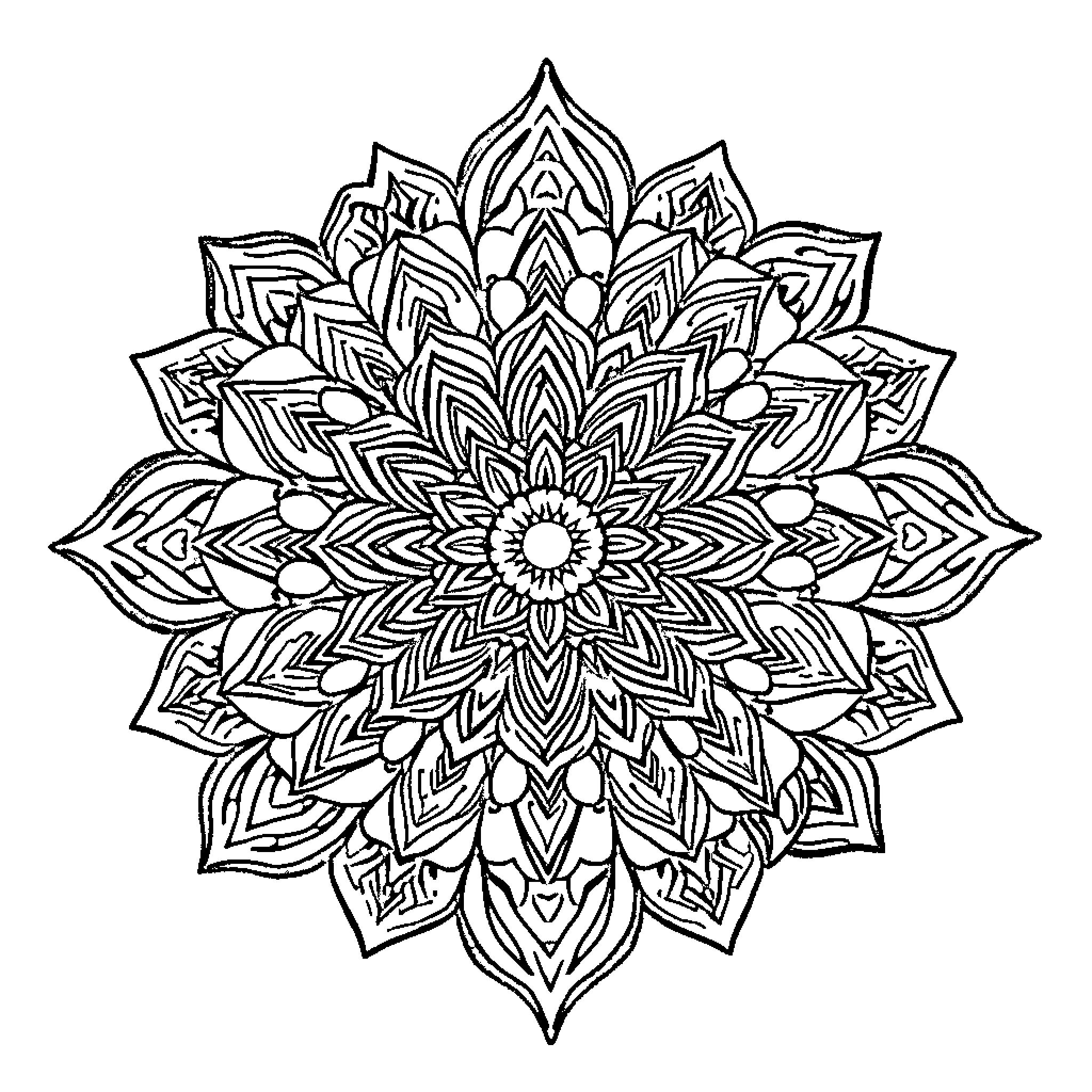 Mandala of Intricate Floral Patterns Coloring Page (free black-and-white line drawing printable PDF for all, from beginners to advanced learners, including children, teens, adults, and seniors)