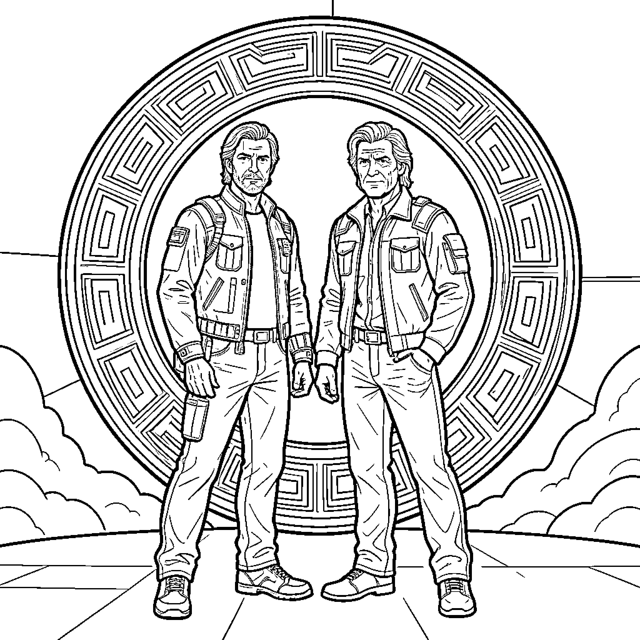 Macgyver standing confidently in front of a large emblem Coloring Page (free black-and-white line drawing printable PDF for all, from beginners to advanced learners, including children, teens, adults, and seniors)