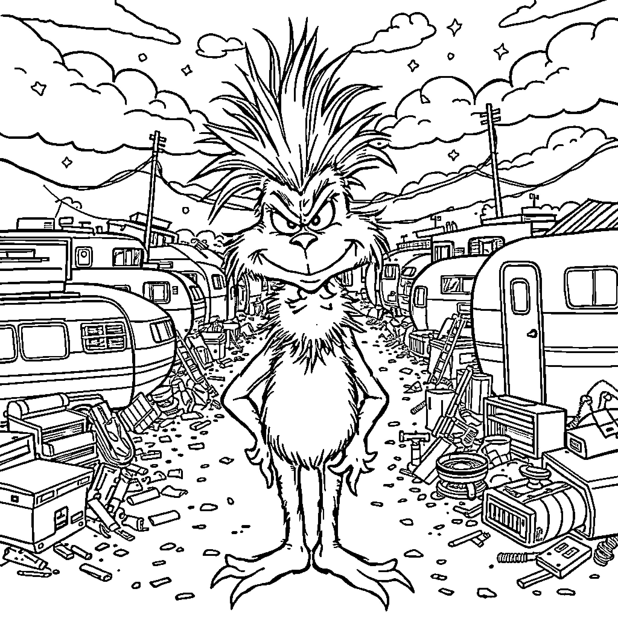 Grinch Causing Chaos in Messy Trailer Park Coloring Page (free black-and-white line drawing printable PDF for all, from beginners to advanced learners, including children, teens, adults, and seniors)