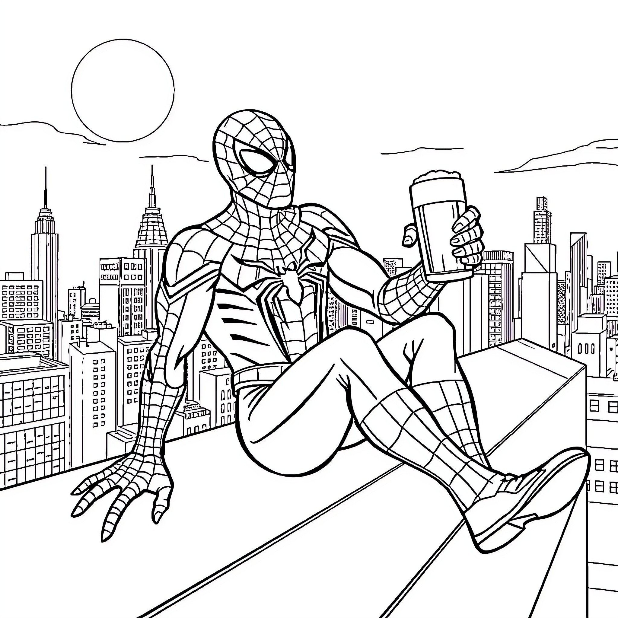 Spiderman takes a break in the city skyline Coloring Page (free black-and-white line drawing printable PDF for all, from beginners to advanced learners, including children, teens, adults, and seniors)