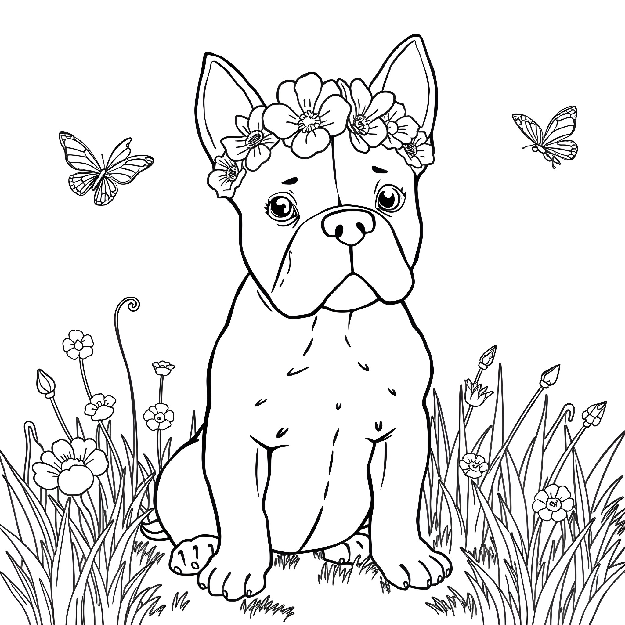 Pitbull with floral crown and butterflies in nature Coloring Page (free black-and-white line drawing printable PDF for all, from beginners to advanced learners, including children, teens, adults, and seniors)