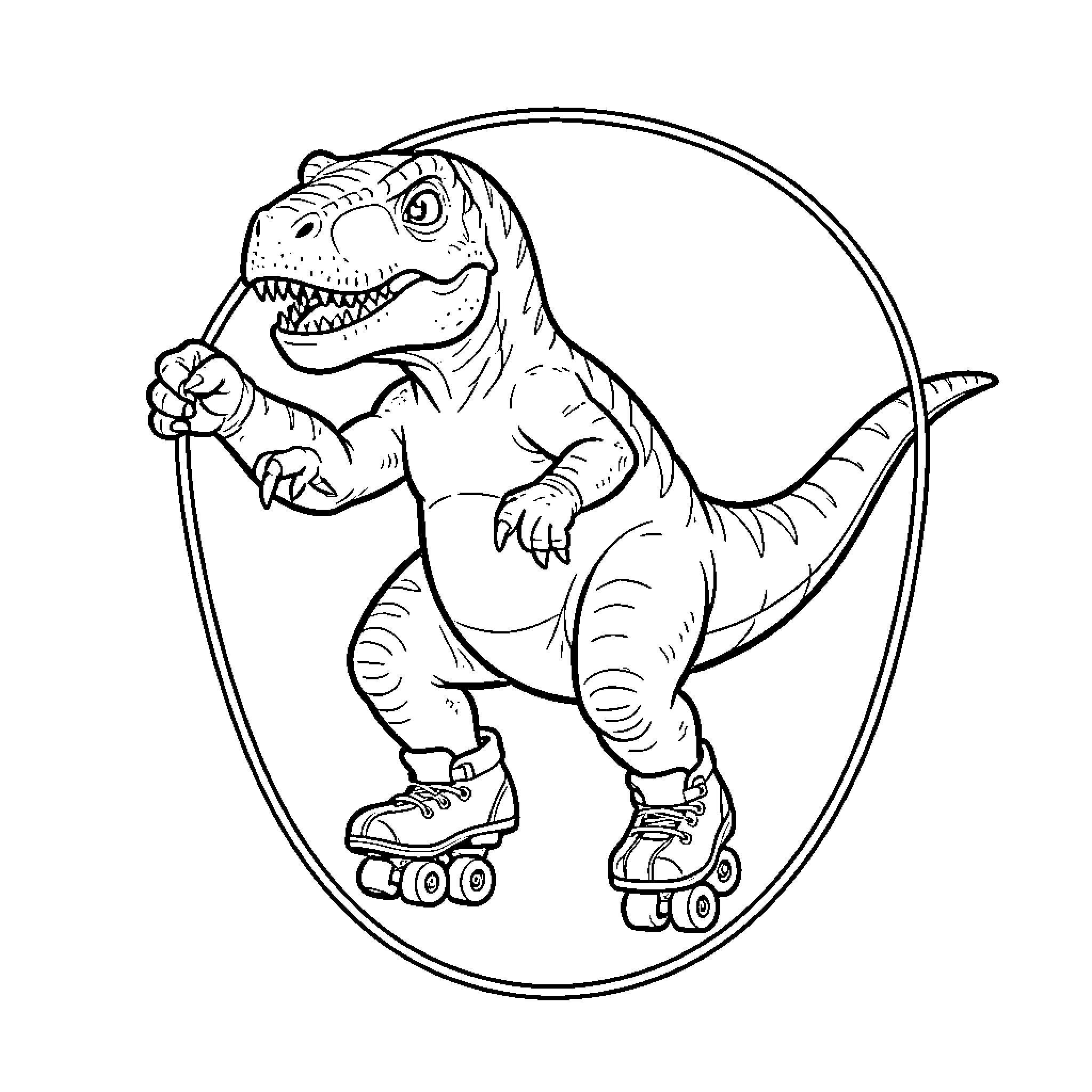 Dinosaur wearing roller skates and posing playfully Coloring Page (free black-and-white line drawing printable PDF for all, from beginners to advanced learners, including children, teens, adults, and seniors)