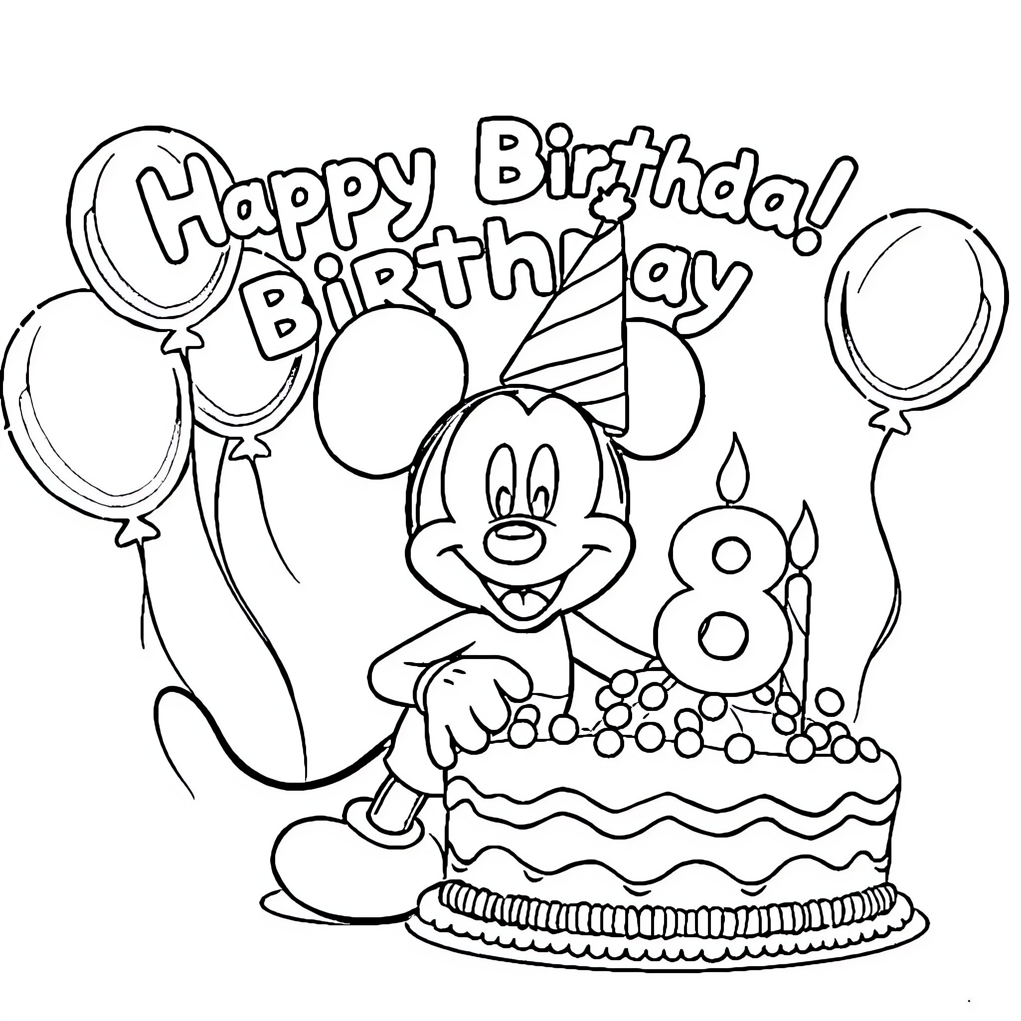 Mickey Mouse celebrates birthday with cake and balloons Coloring Page (free black-and-white line drawing printable PDF for all, from beginners to advanced learners, including children, teens, adults, and seniors)