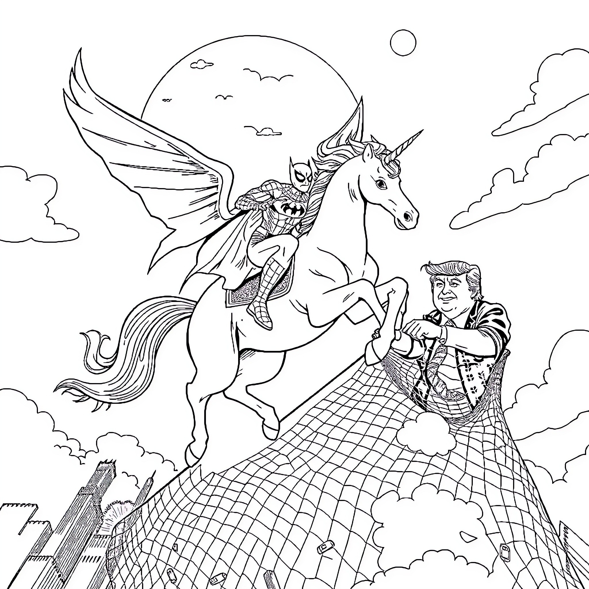 Unicorn riding a winged horse with a medieval knight Coloring Page (free black-and-white line drawing printable PDF for all, from beginners to advanced learners, including children, teens, adults, and seniors)