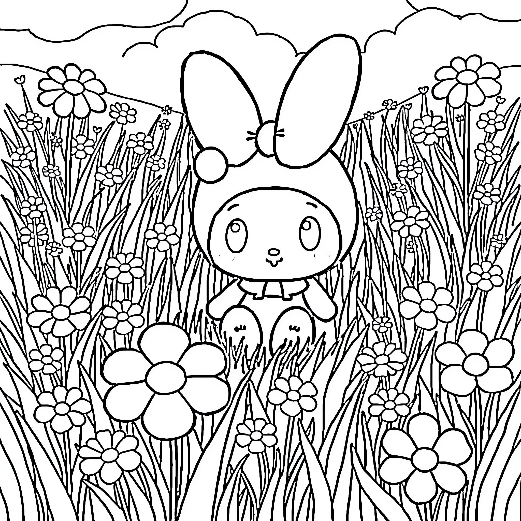 My Melody in a Floral Garden Coloring Page (free black-and-white line drawing printable PDF for all, from beginners to advanced learners, including children, teens, adults, and seniors)